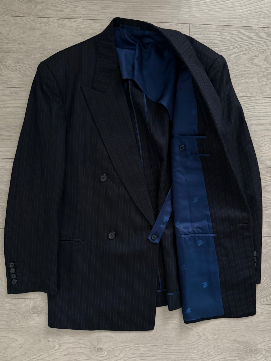 Yves Saint Laurent 1990s Double Breasted Pleated Striped Wool Navy Suit - Size M Jacket / 30" Waist