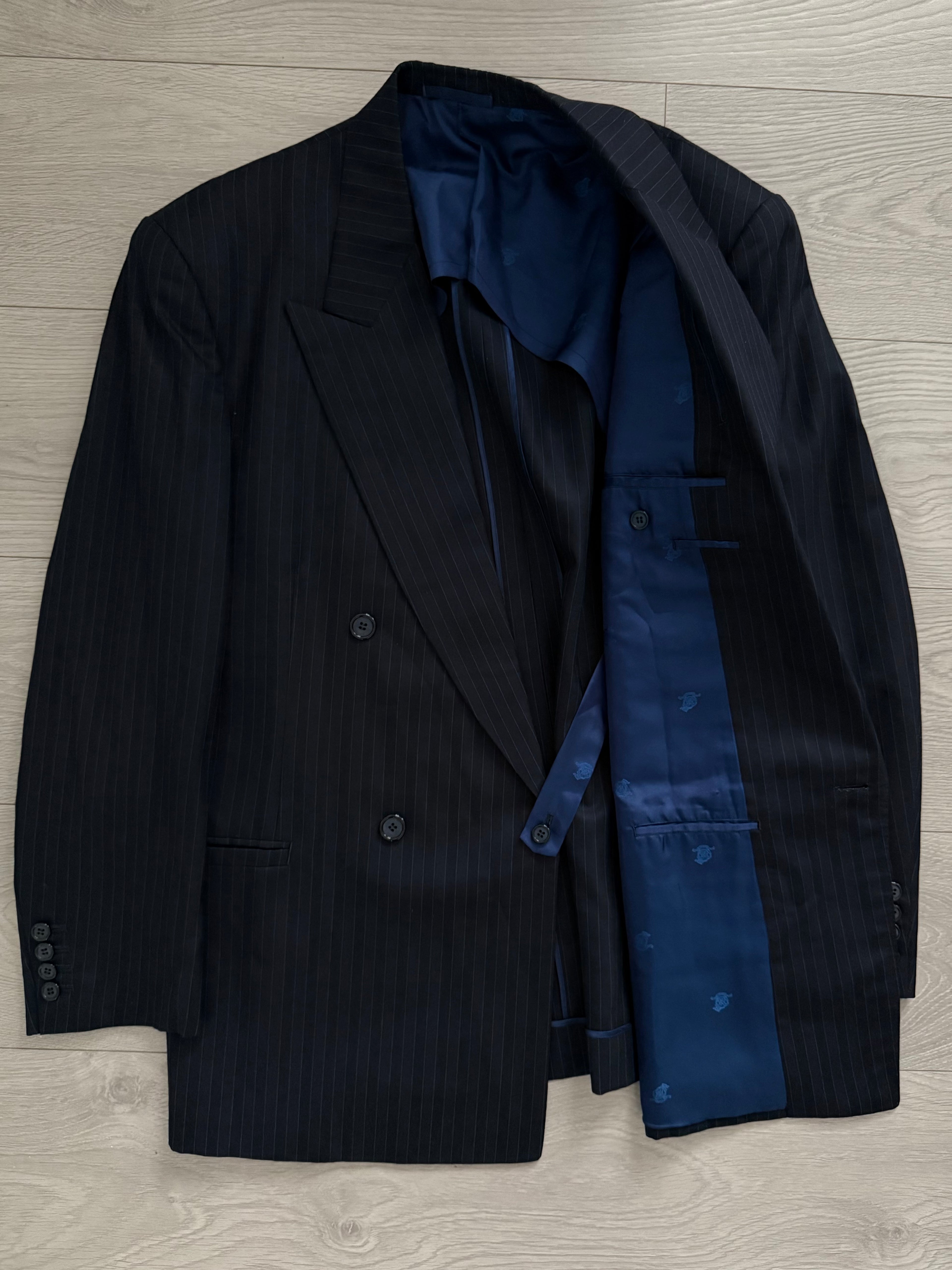 Yves Saint Laurent 1990s Double Breasted Pleated Striped Wool Navy Suit - Size M Jacket / 30" Waist