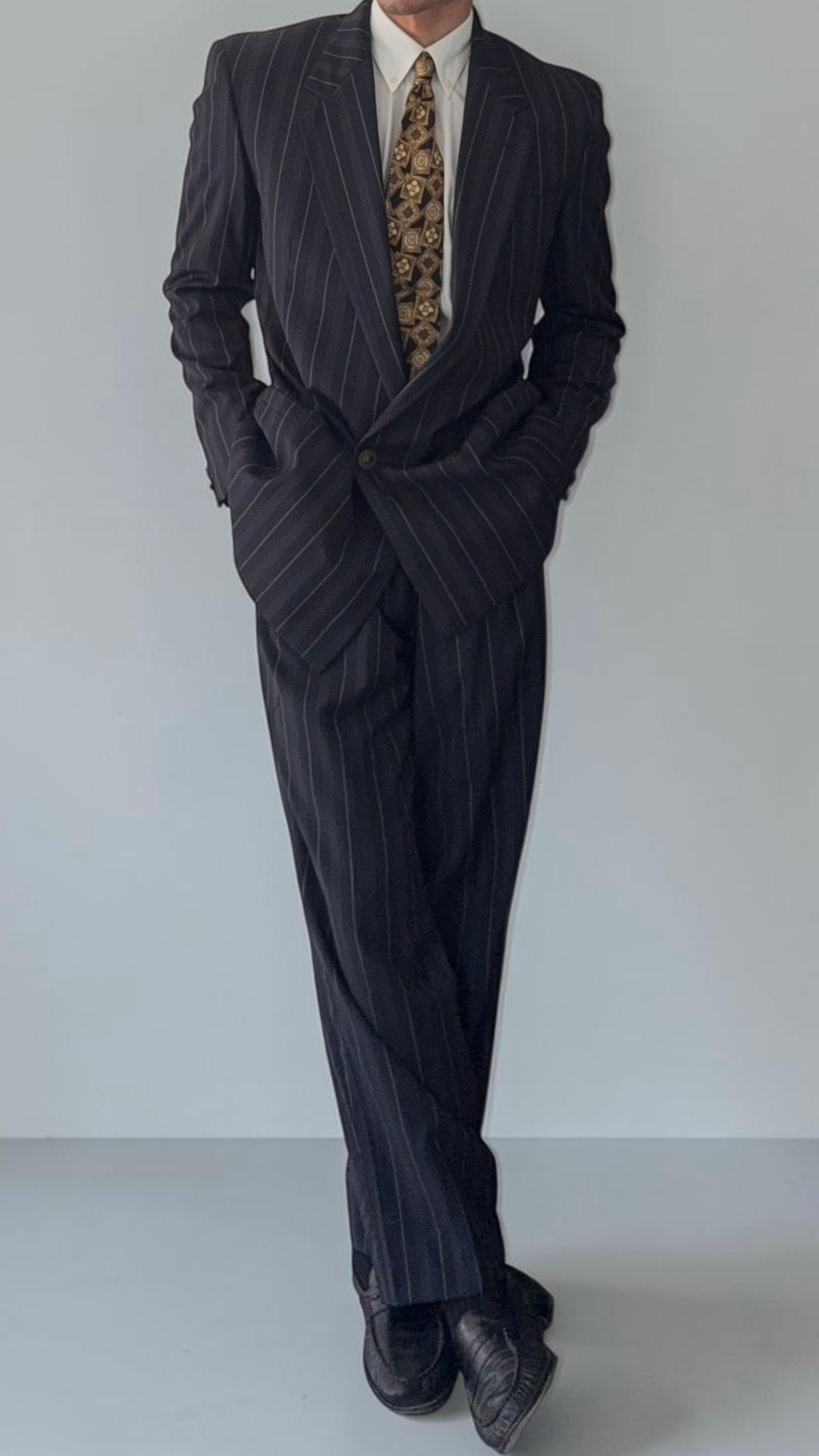 Versace 1980s Metal Button Notch Lapel Double Breasted Pleated Wool Striped Suit - Size S Jacket / 29" Waist