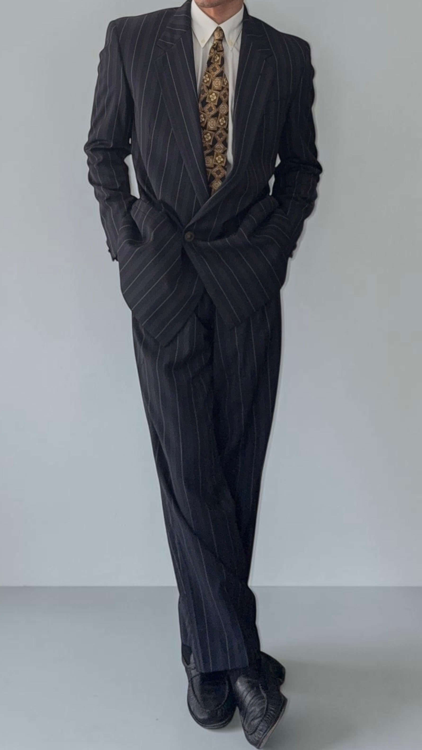 Versace 1980s Metal Button Notch Lapel Double Breasted Pleated Wool Striped Suit - Size S Jacket / 29" Waist