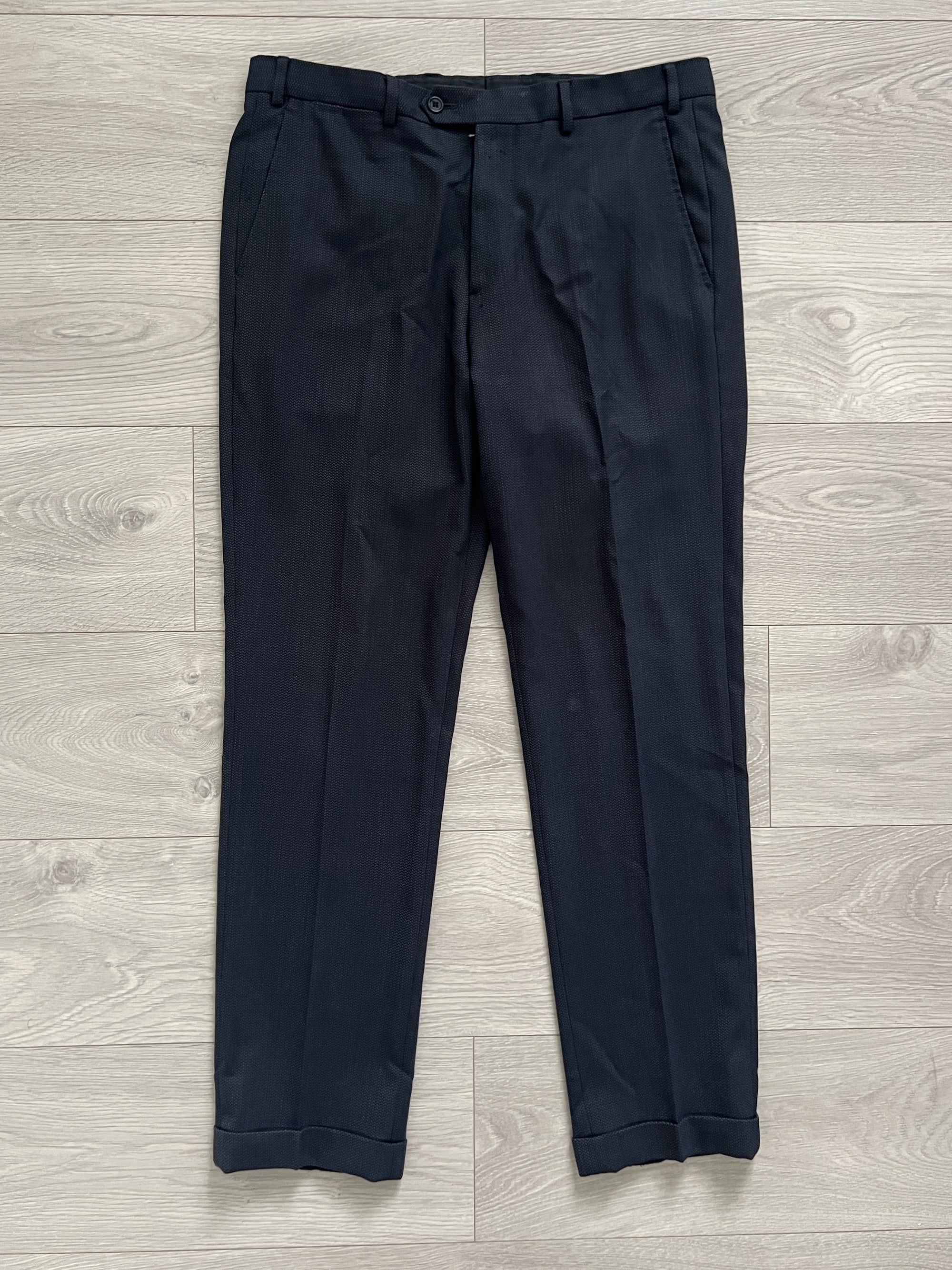 Armani Wool Pleated Blue Textured Suit - Size L Jacket / 34" Waist
