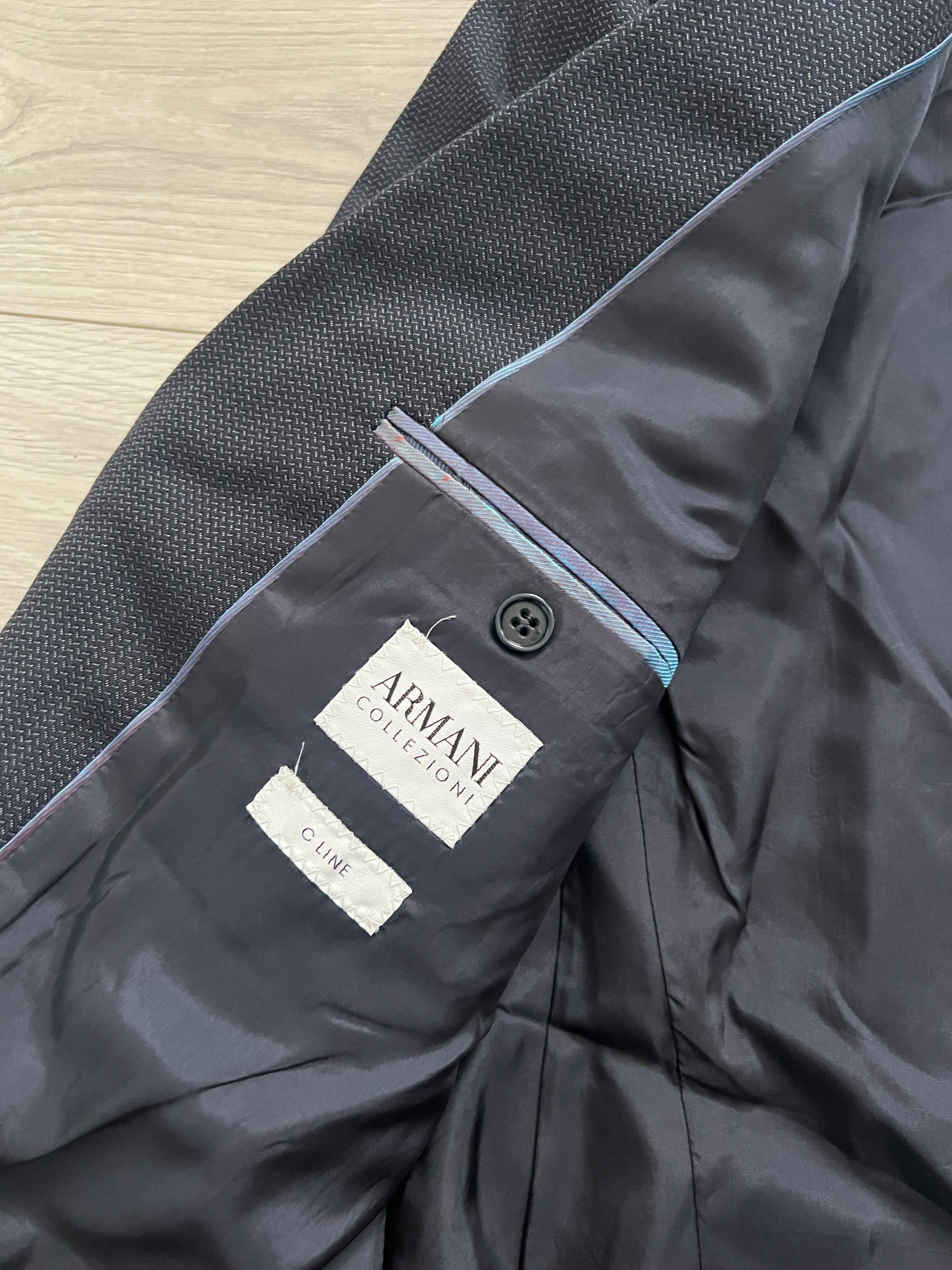 Armani Wool Pleated Blue Textured Suit - Size L Jacket / 34" Waist