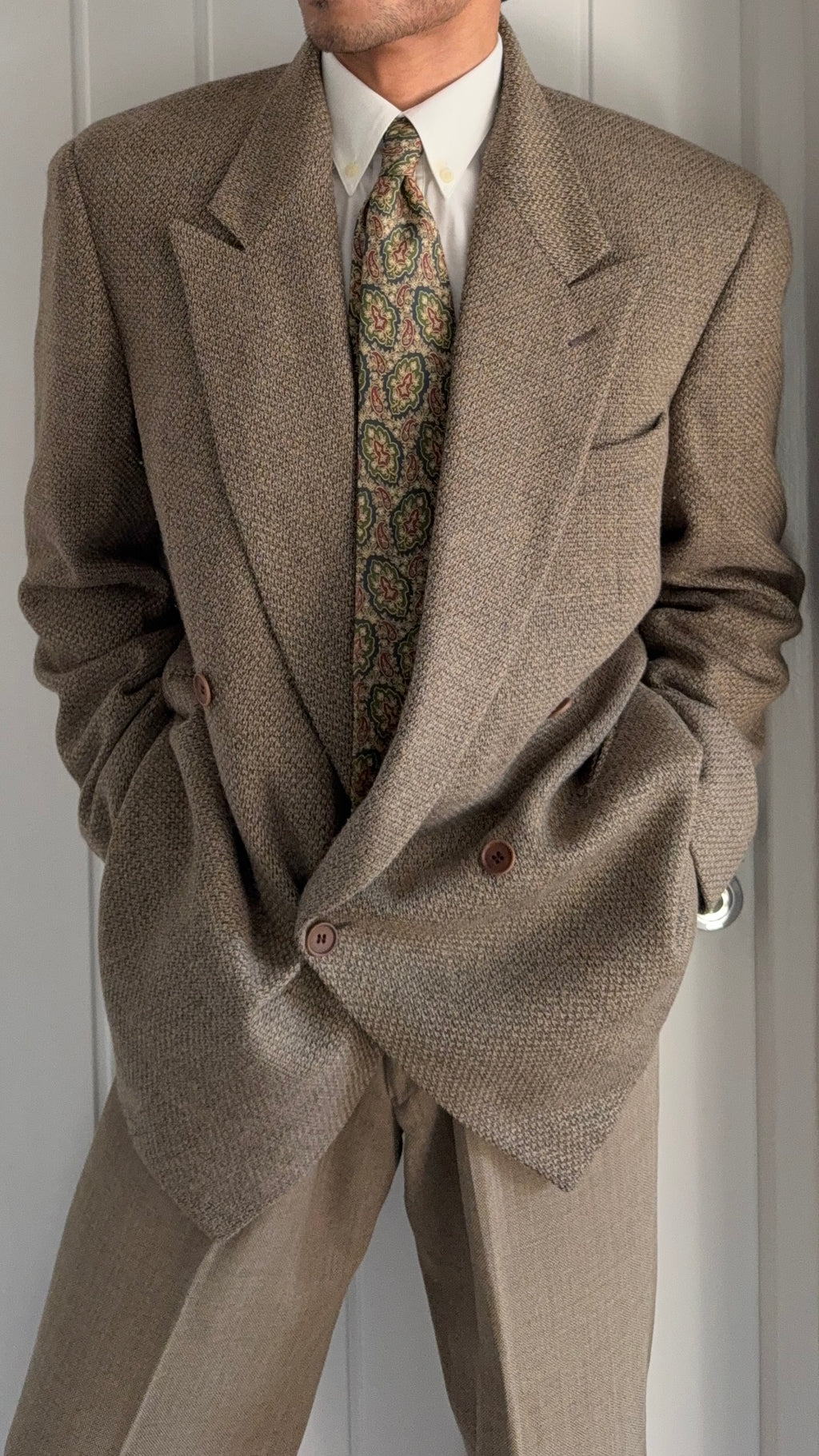 Giorgio Armani 1980s Peaked Lapel Double Breasted Textured Wool Sport Jacket Blazer - Size XXL