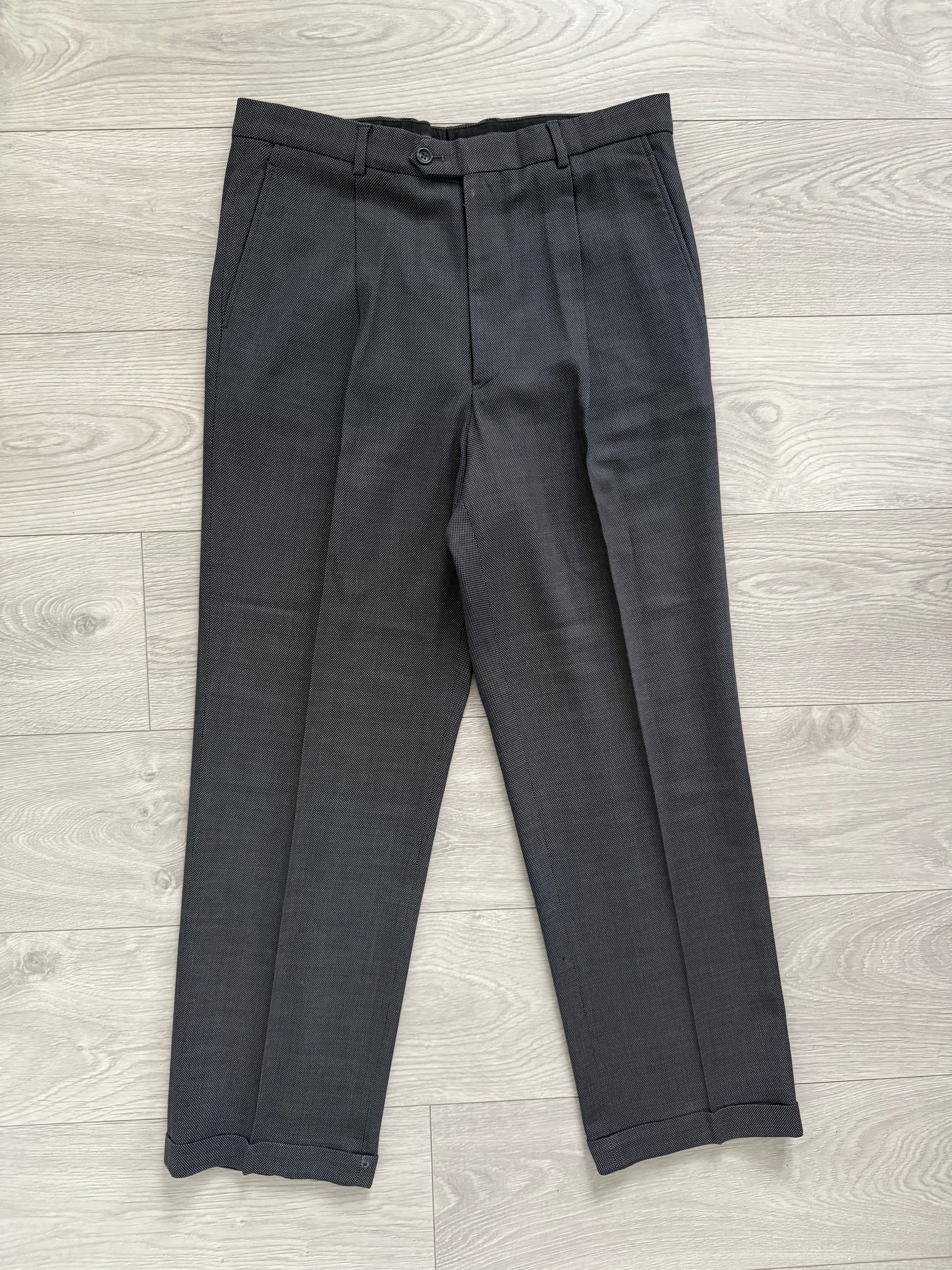 Armani 1990s Peaked Lapel Double Breasted Pleated Wool Grey Suit - Size L Jacket / 34" Waist
