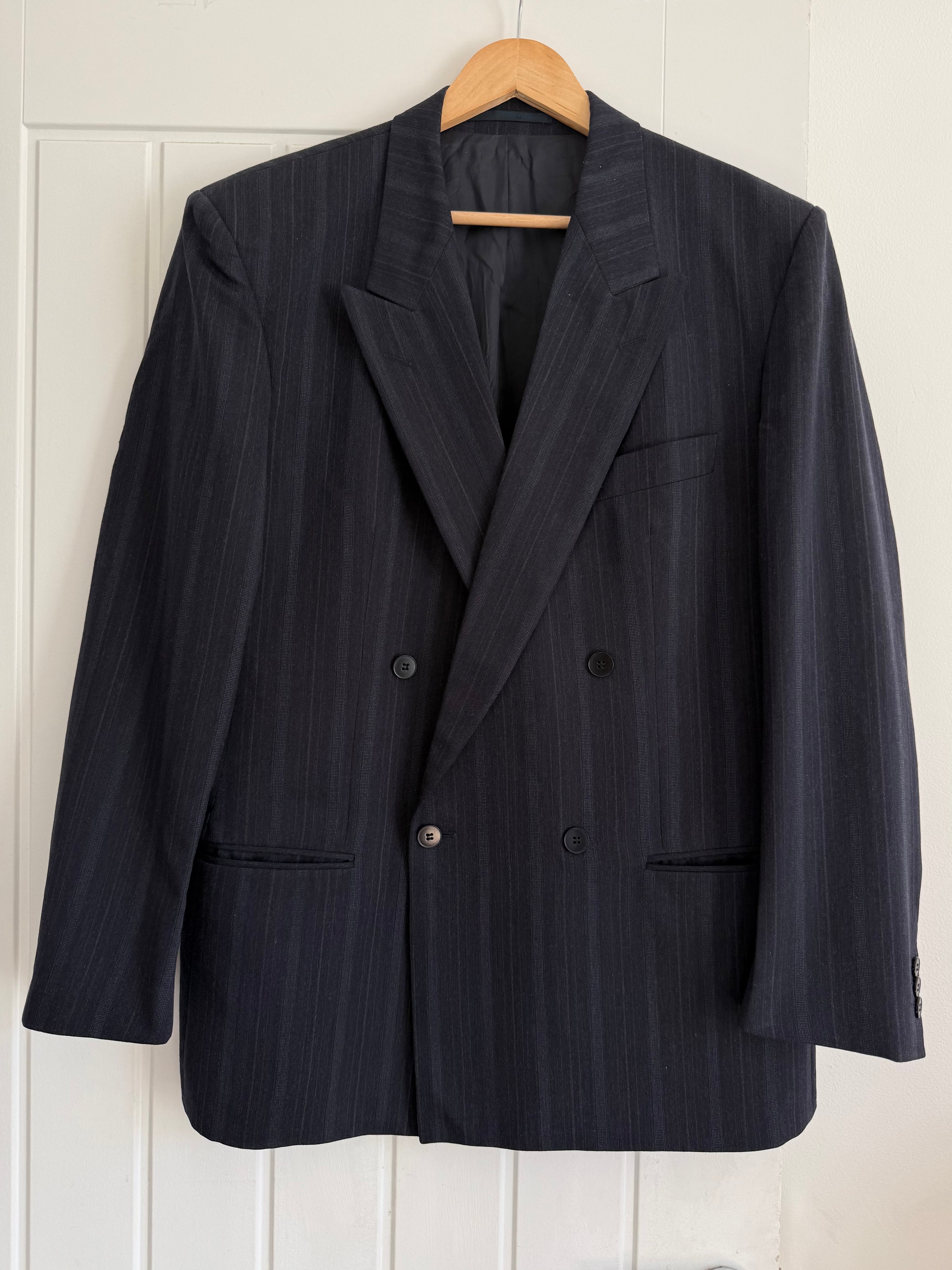 Hugo Boss 1980s Peaked Lapel Double Breasted Wool Jacket Navy Blue - Size L