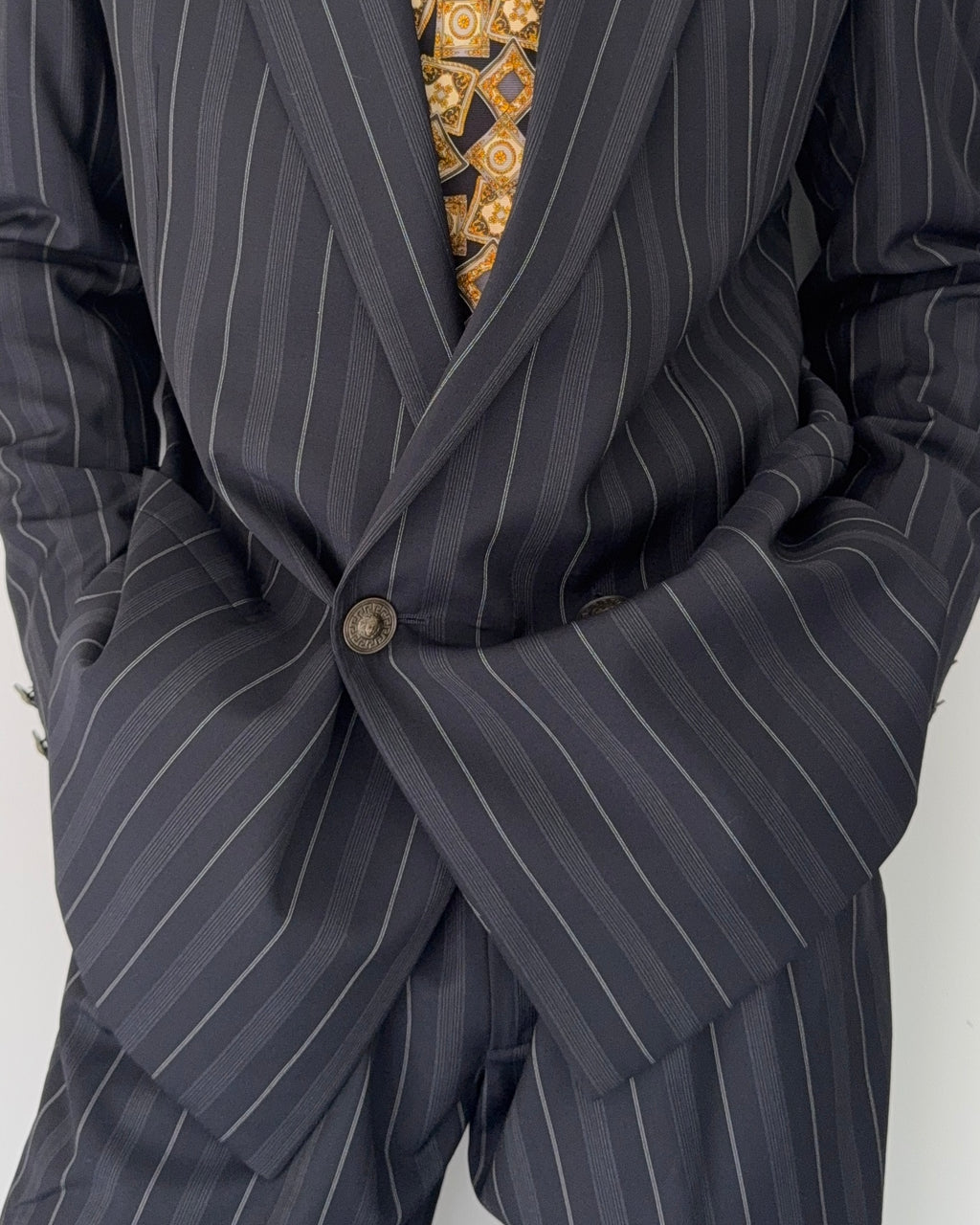 Versace 1980s Metal Button Notch Lapel Double Breasted Pleated Wool Striped Suit - Size S Jacket / 29" Waist