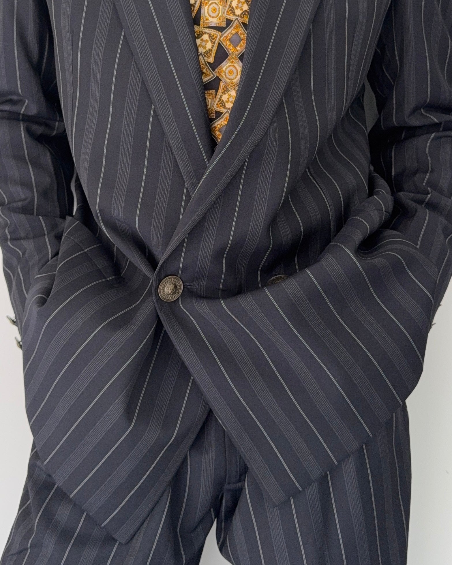 Versace 1980s Metal Button Notch Lapel Double Breasted Pleated Wool Striped Suit - Size S Jacket / 29" Waist