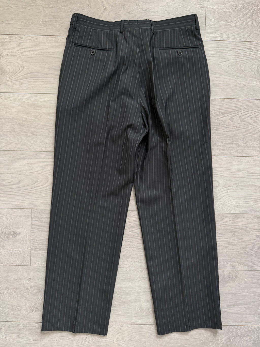 Armani 1990s Peaked Lapel Double Breasted Pleated Silk Wool Suit Striped Grey - Size L Jacket / 34" Waist