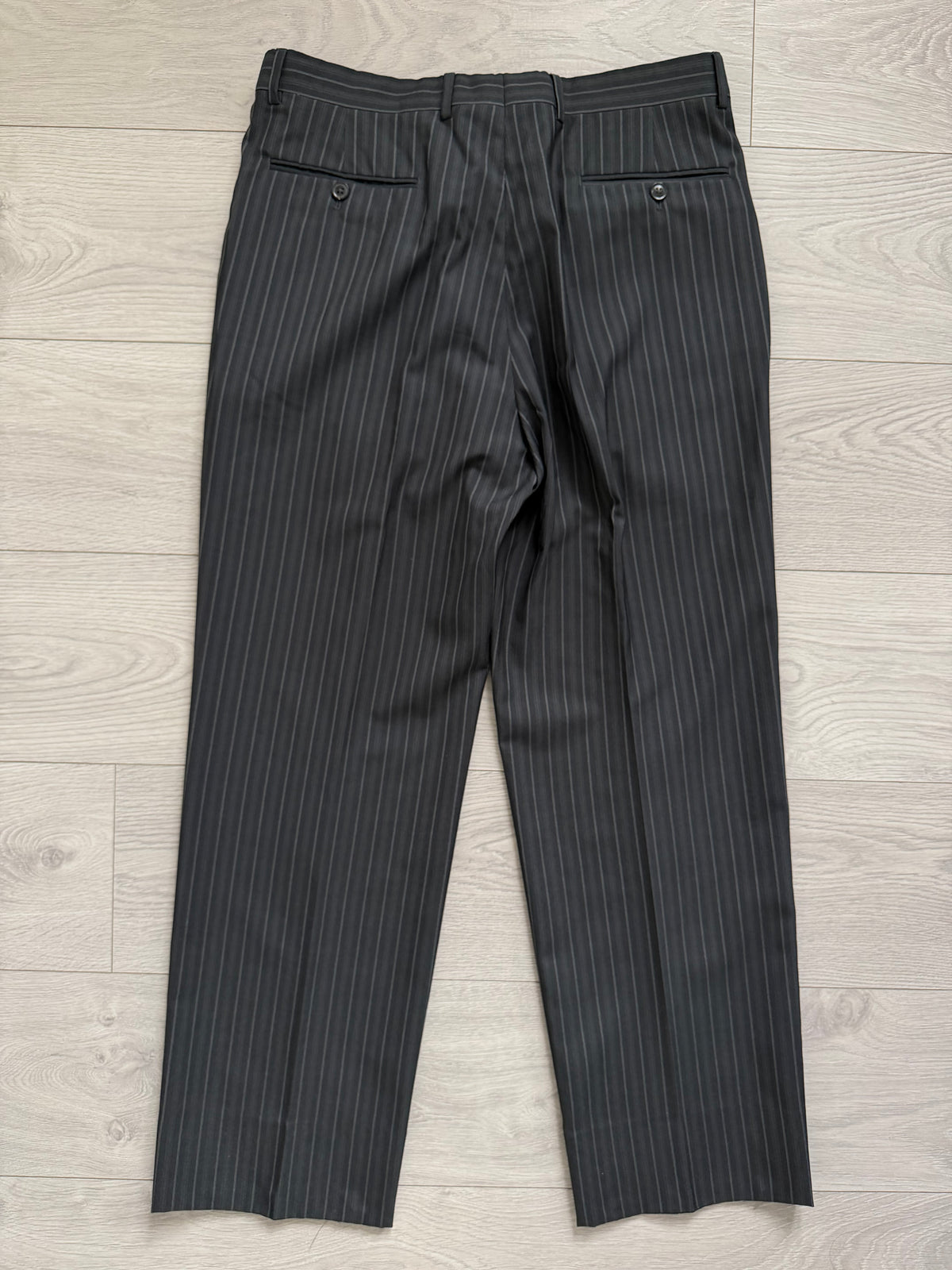 Armani 1990s Peaked Lapel Double Breasted Pleated Silk Wool Suit Striped Grey - Size L Jacket / 34" Waist