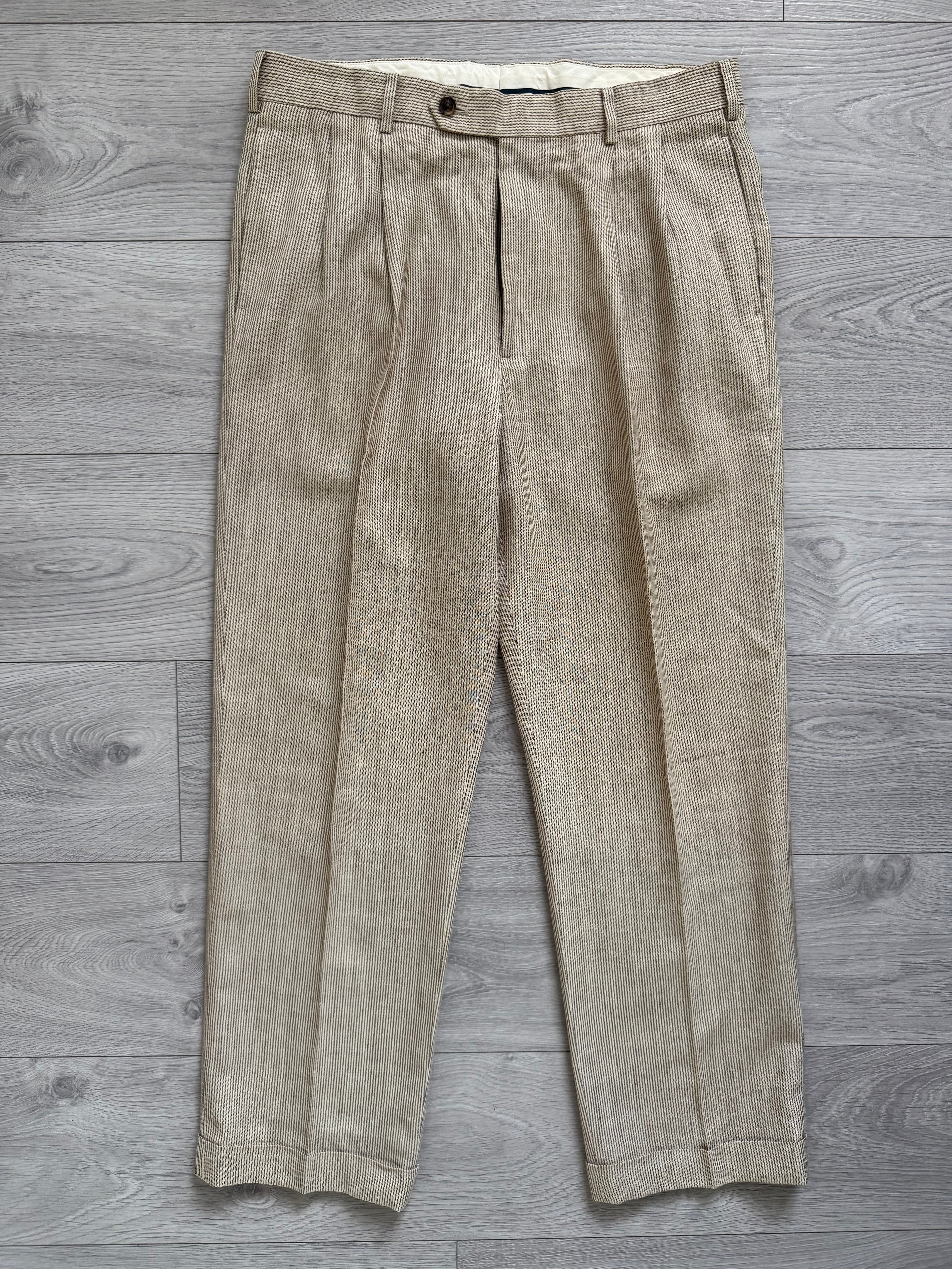 Brooks Brothers 1990s Pleated Wool Silk Linen Seersucker Beige Pants - Size 34" Waist