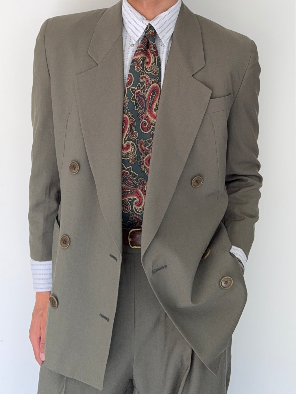 Basile 1980s Peaked Lapel Double Breasted Draped Wool Suit - Size S Jacket / 28" Waist