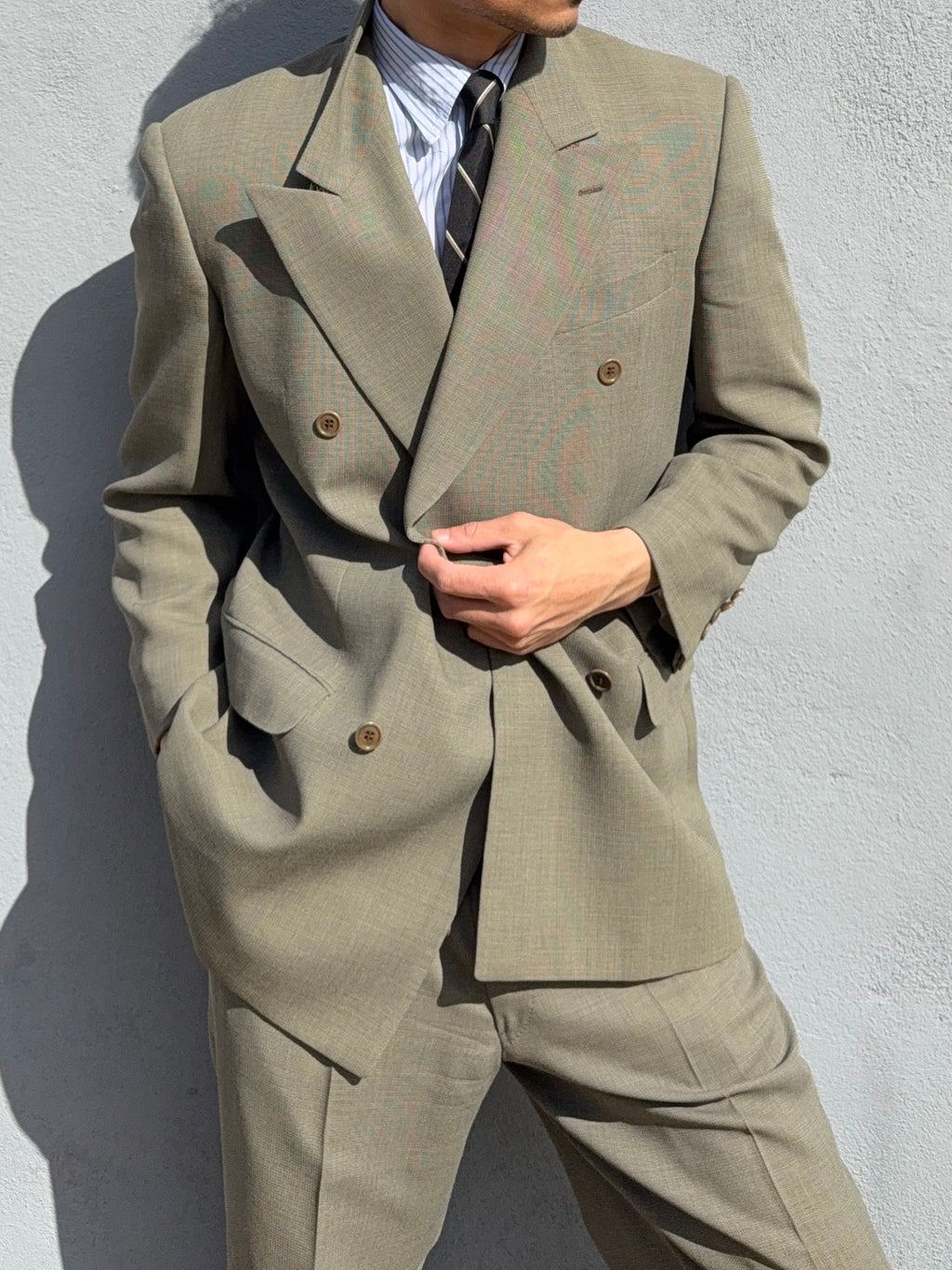 Valentino 1980s 6B Double Breasted Wool Power Suit in Taupe Olive - Size M Jacket / 32" Waist