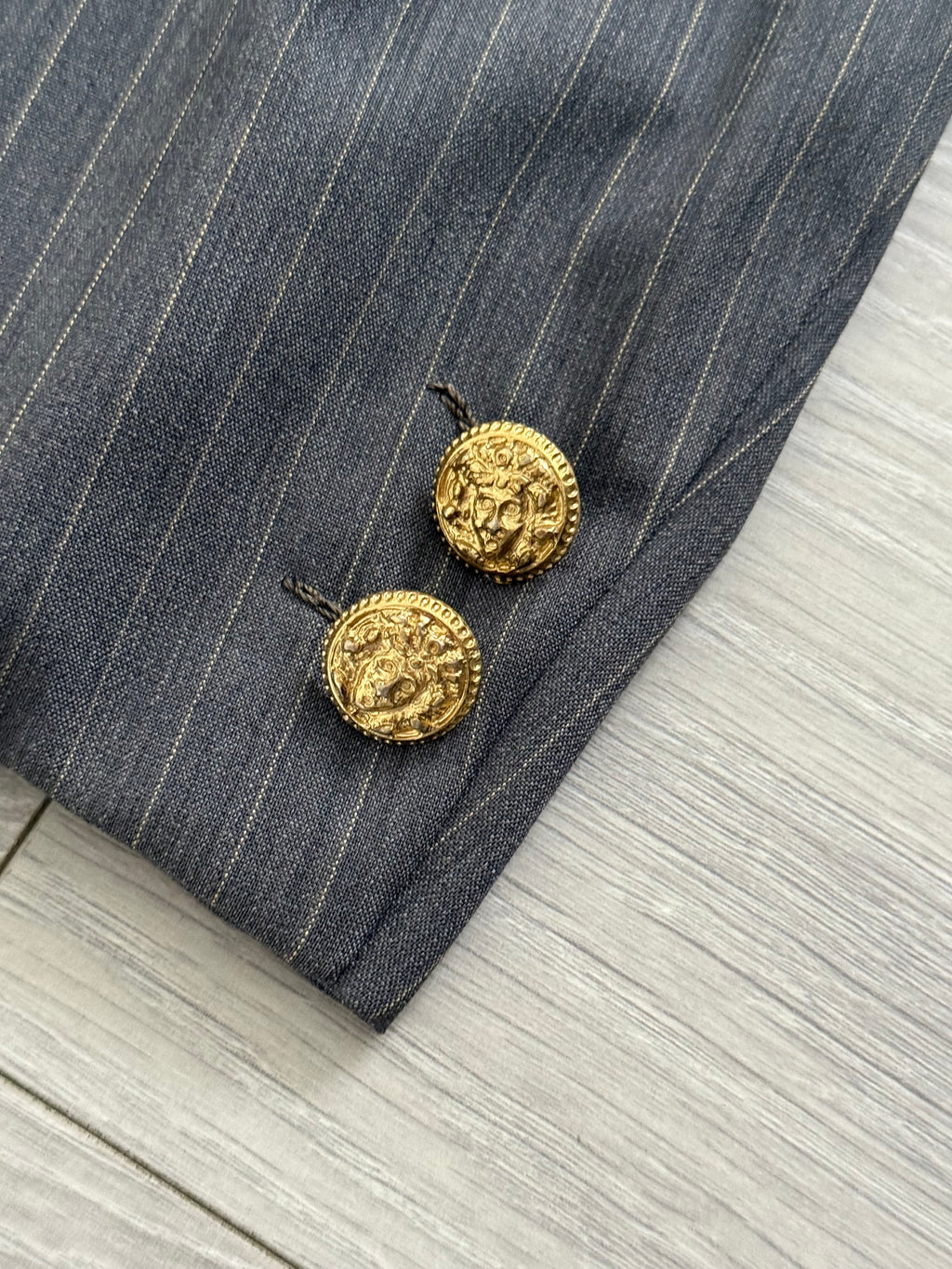 Versace 1980s Peaked Lapel Double Breasted Medusa Metal Button Triple Pleat Striped Wool Suit - Size S Jacket / 30" Waist