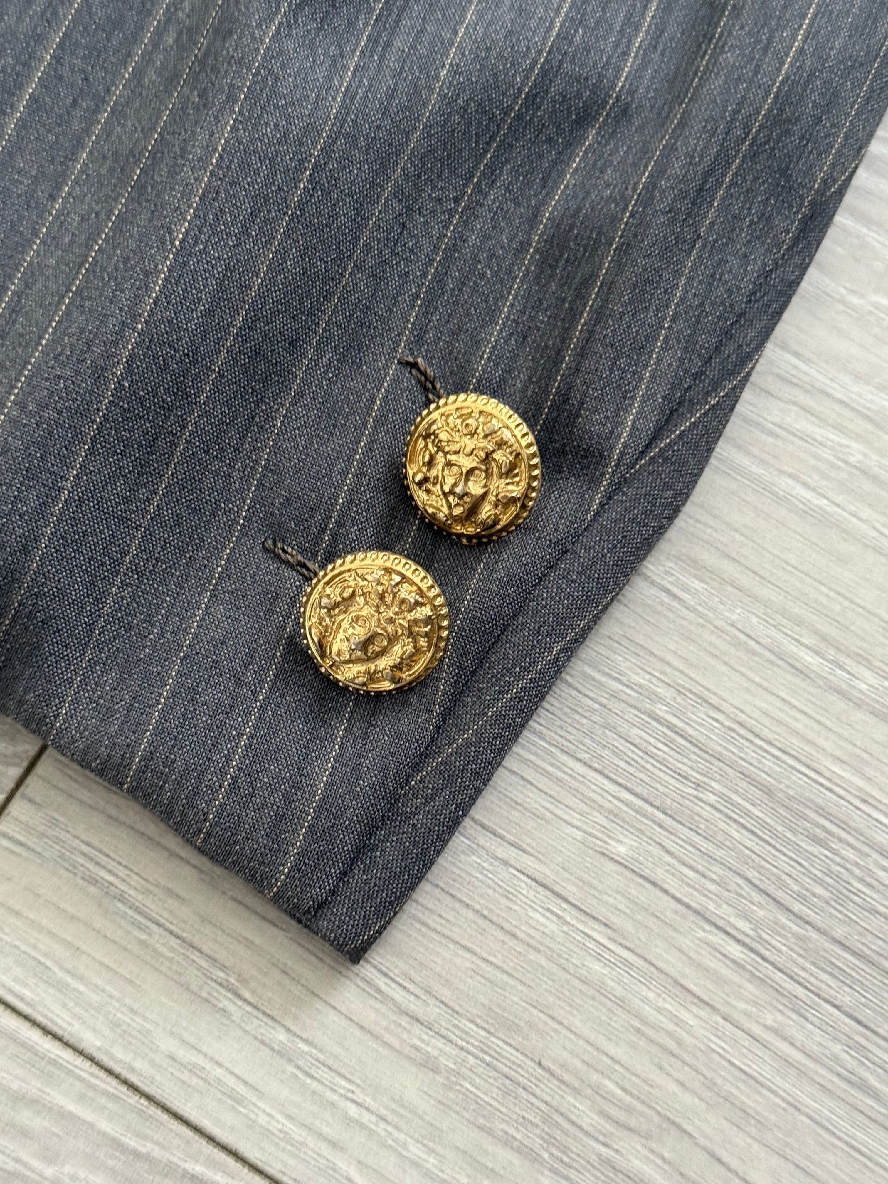 Versace 1980s Peaked Lapel Double Breasted Medusa Metal Button Triple Pleat Striped Wool Suit - Size S Jacket / 30" Waist