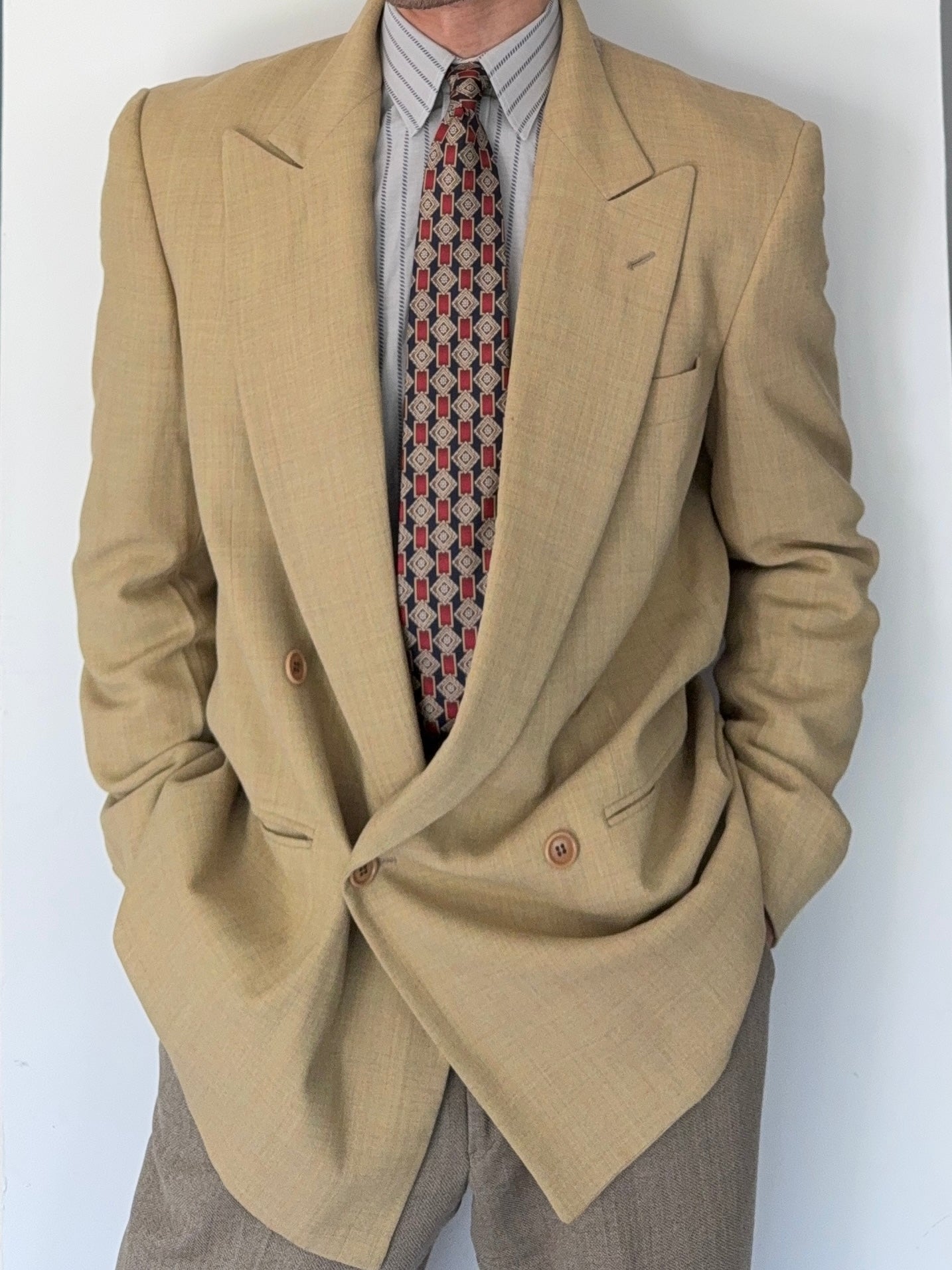 Valentino 1980s Peaked Lapel Double Breasted Textured Wool Blend Unstructured Sports Jacket Blazer - Size M