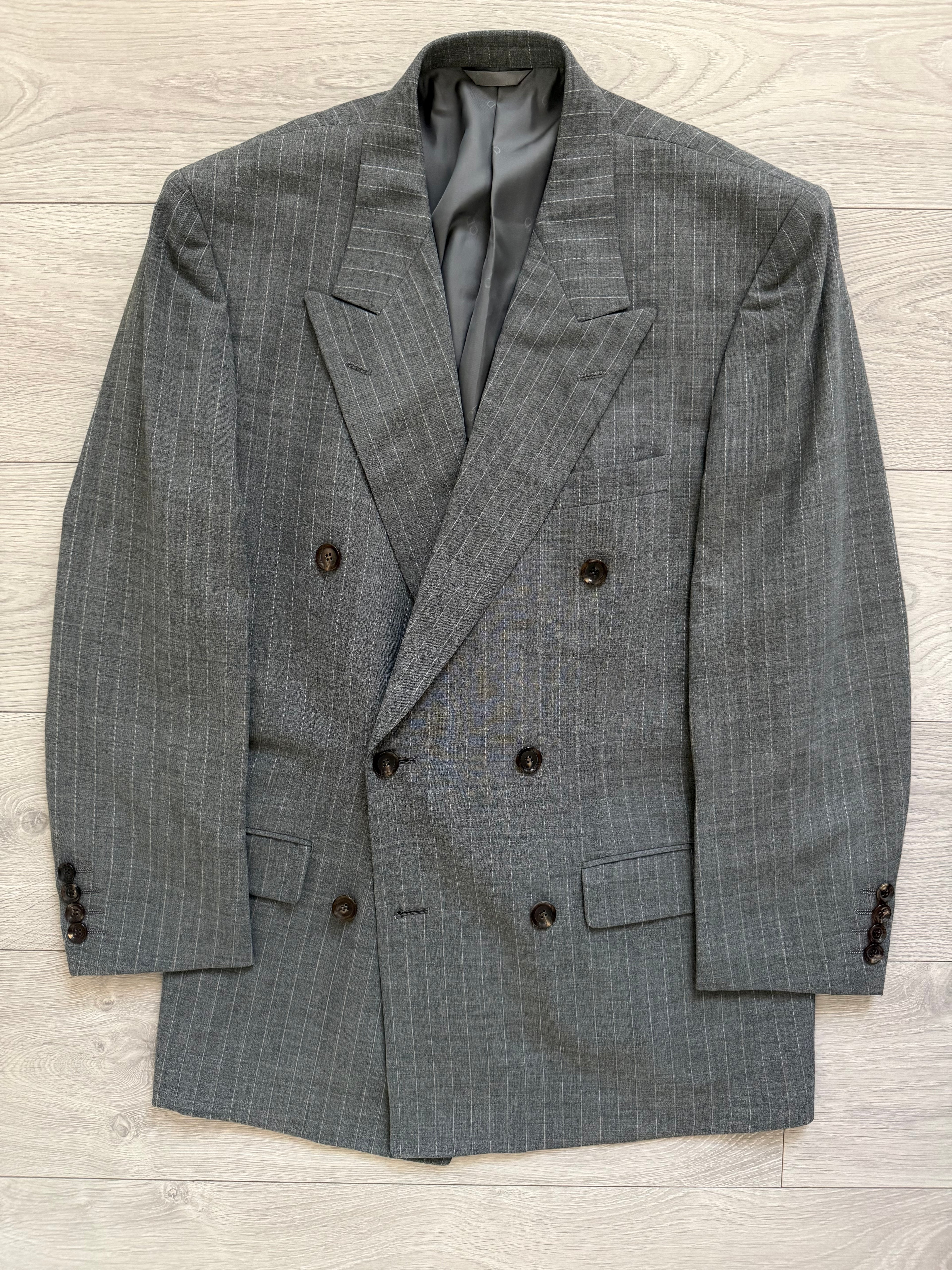 Dior 1980s Peak Lapel Double Breasted Pleated Grey Pinstriped Lightweight Suit - Size L Jacket / 33" Waist