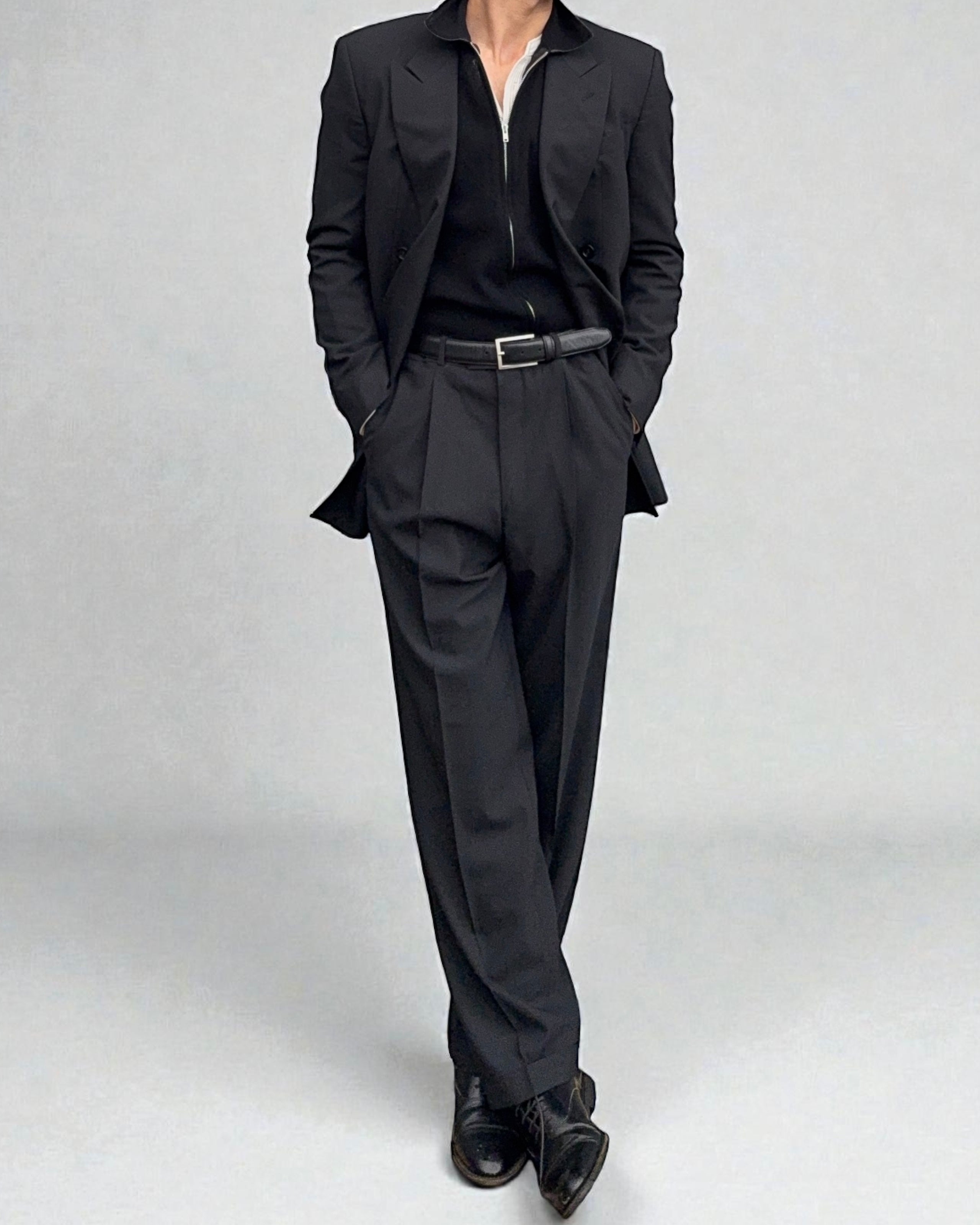 Armani 1990s Double Breasted Grey Striped Pleated Suit - Size M Jacket / 32" Waist