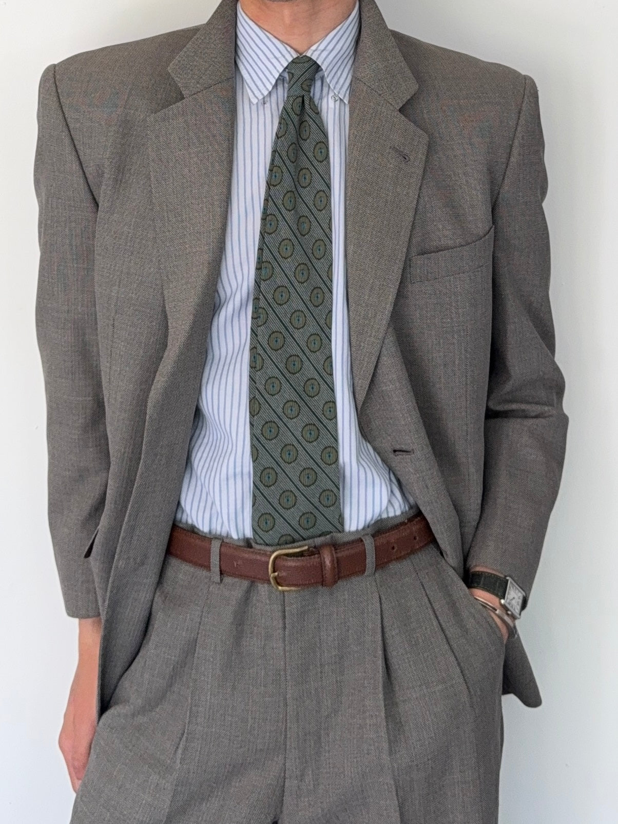 Yves Saint Laurent 1980s 2B Double-Pleat Wool Taupe Grey Suit