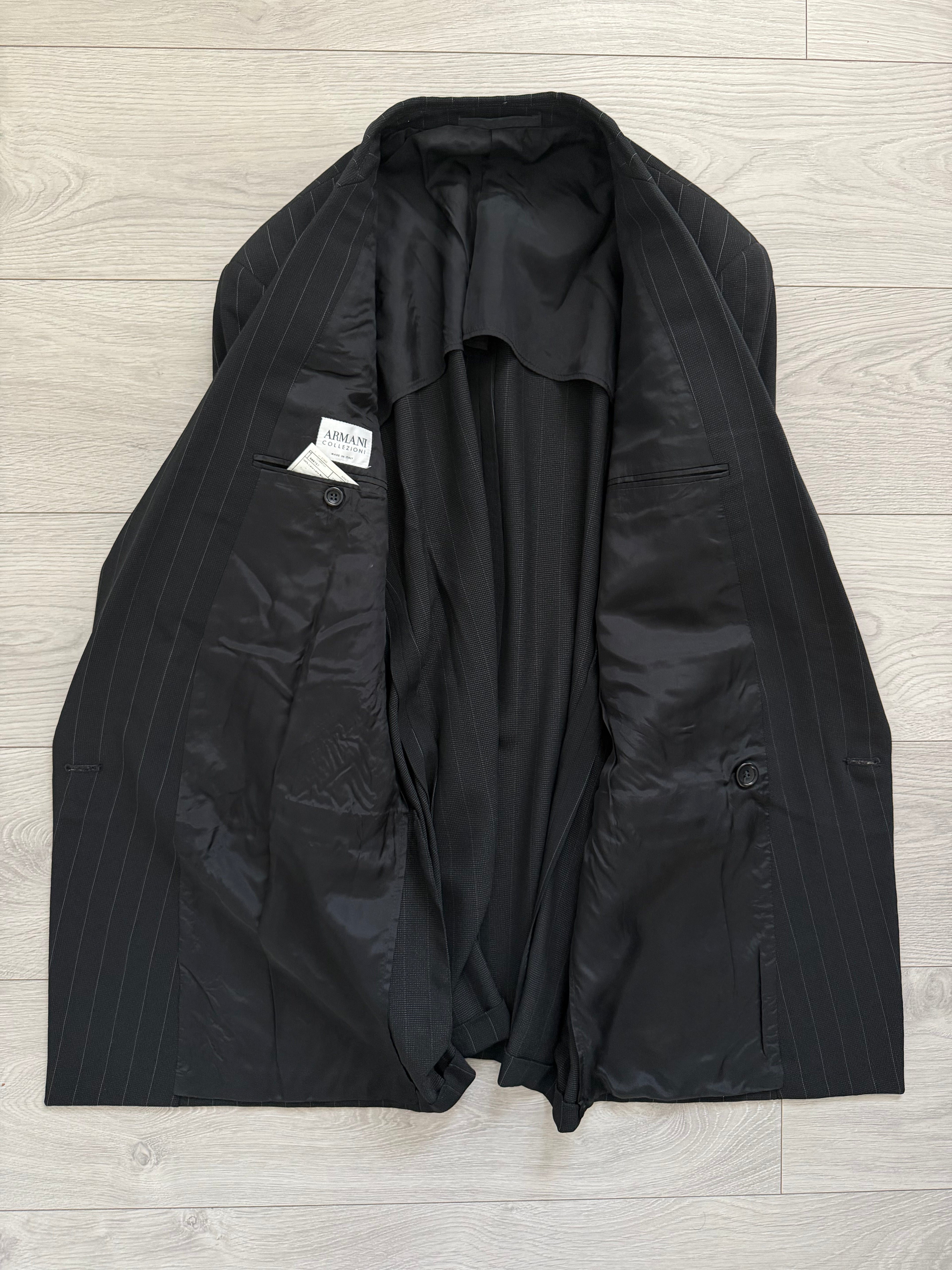 Armani 1990s Peaked Lapel Double Breasted Pinstripe Textured Wool Suit - Size M Jacket / 31" Waist