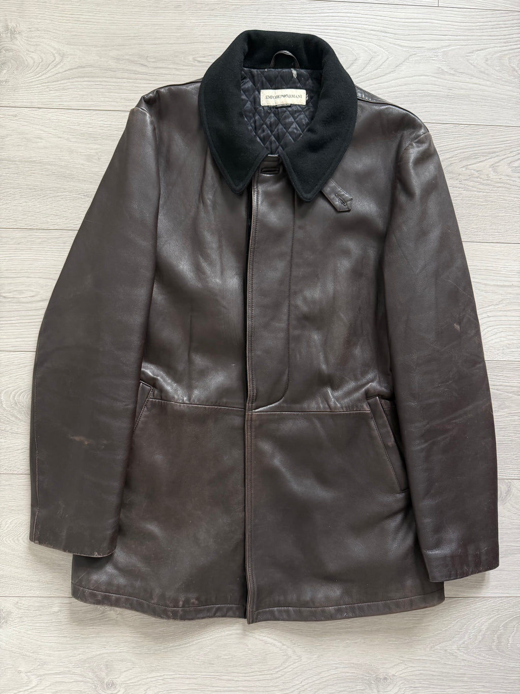 Emporio Armani 1990s Quilt Lined Brown Leather Jacket - Size XL