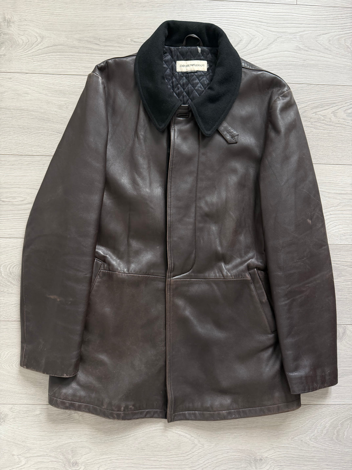 Emporio Armani 1990s Quilt Lined Brown Leather Jacket - Size XL