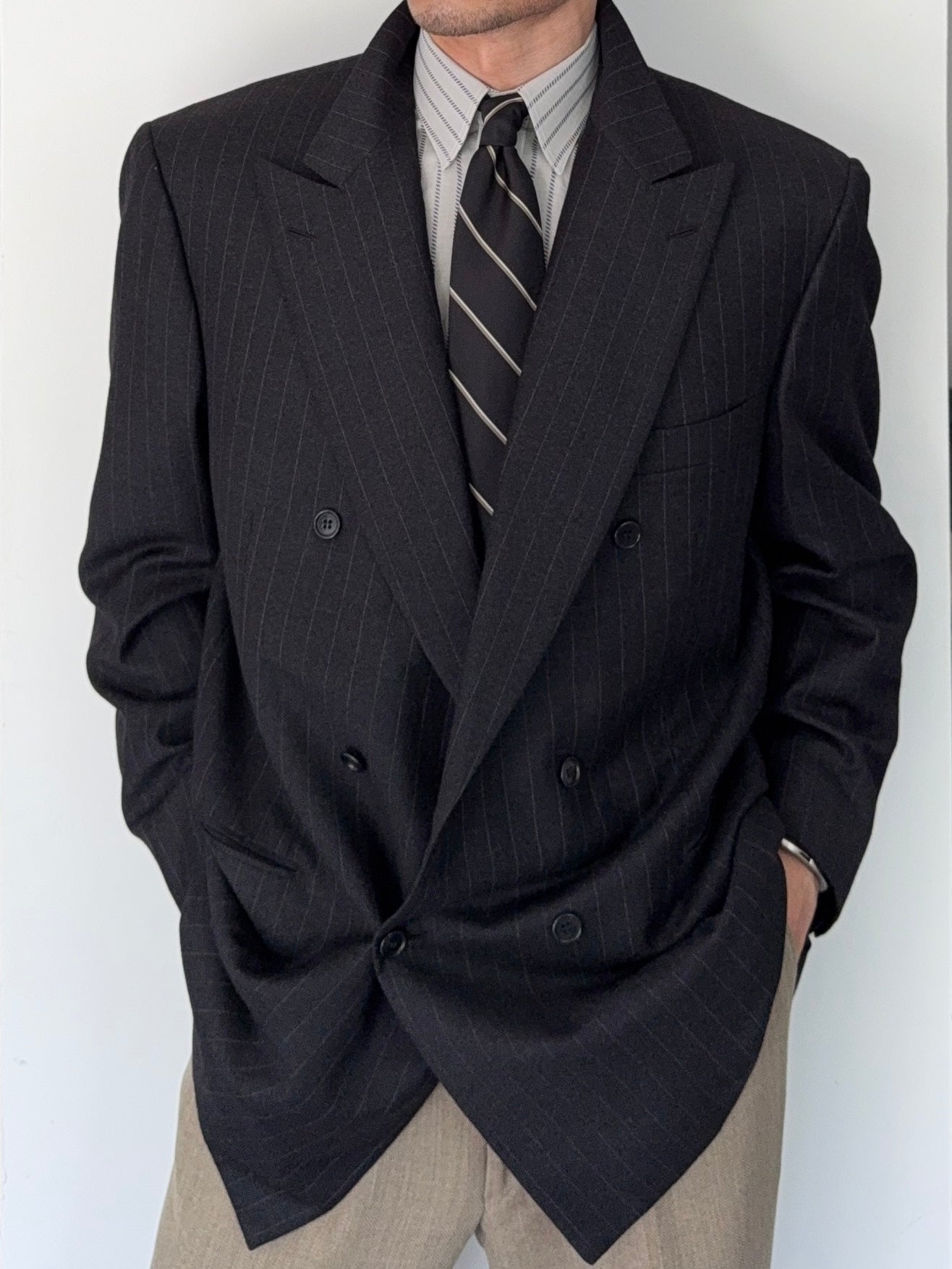 Brioni Peaked Lapel Double Breasted Striped Wool Blazer Jacket - Size XXL