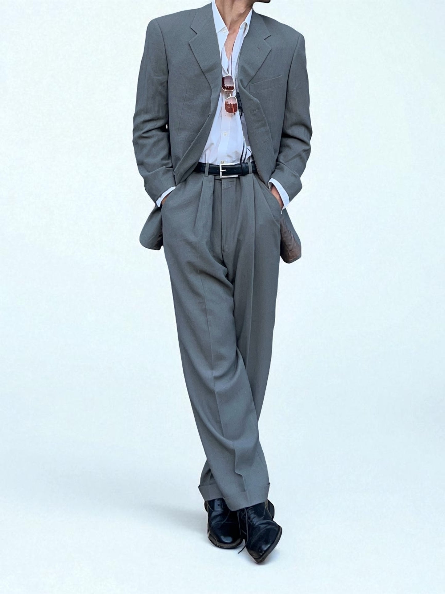 Armani 1990s Pleated Grey Wool Relaxed Suit - L Jacket / 36" Waist