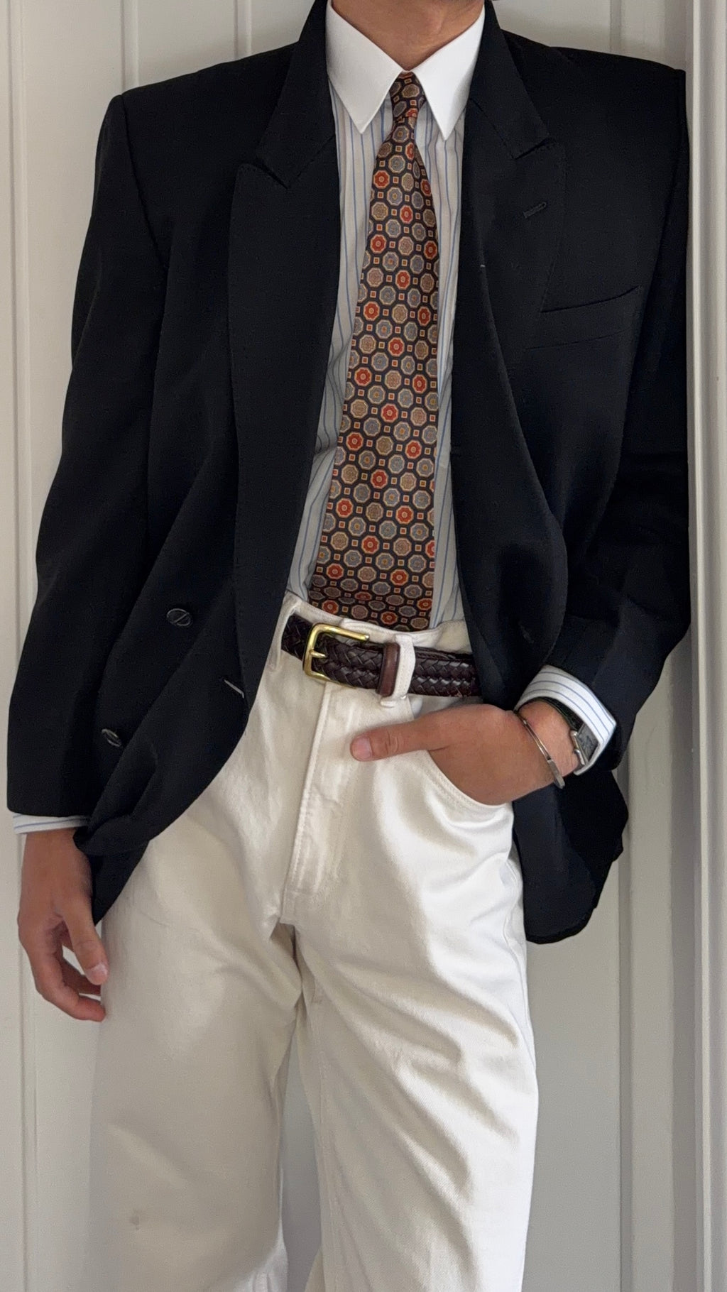 Dior 1980s Peaked Lapel Double Breasted Metal Button Black Wool Sport Jacket Blazer - Size M