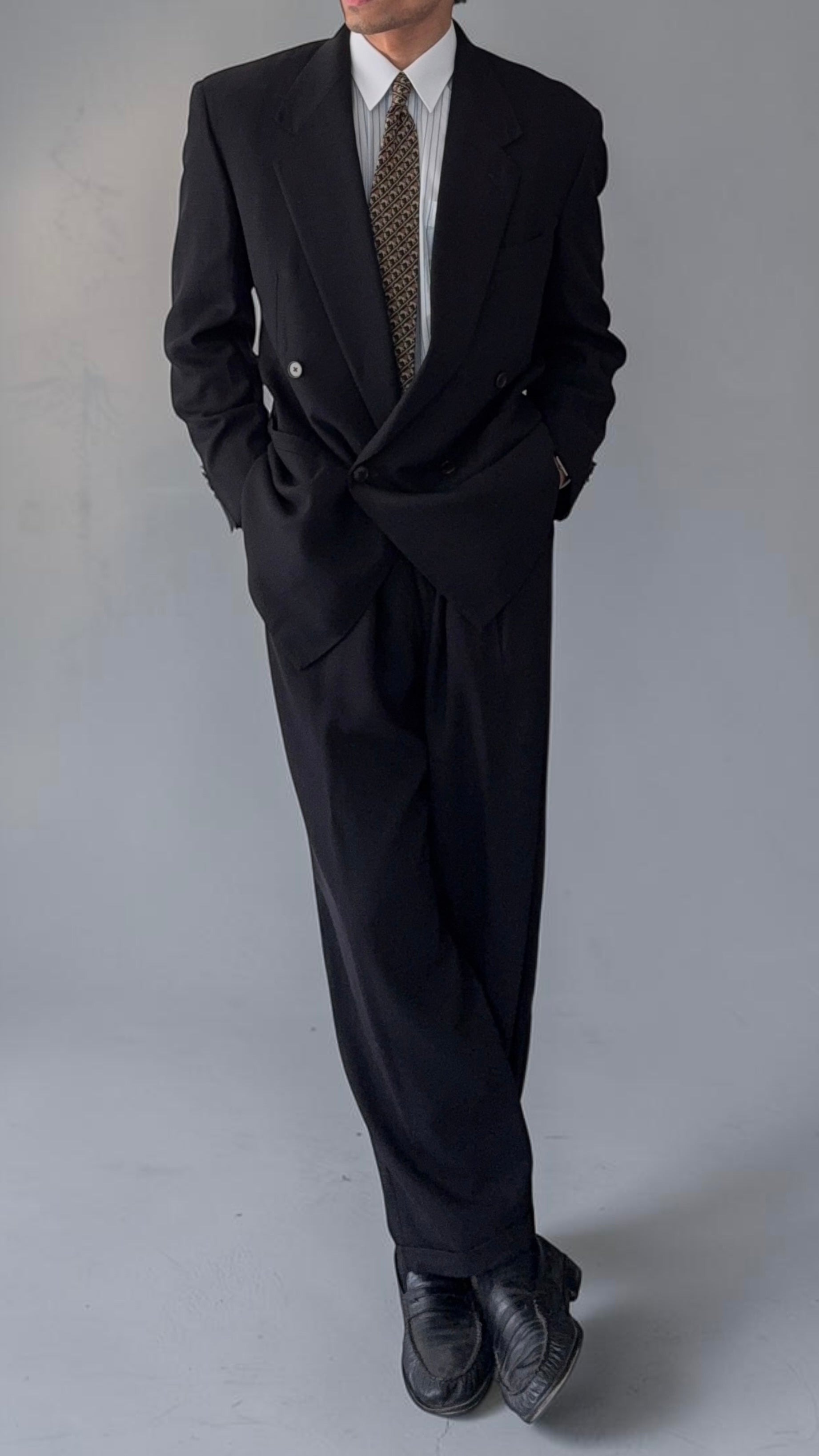 Versace 1980s Notch Lapel Double Breasted Wool Pleated Black Textured Suit - Size M Jacket / 30" Waist