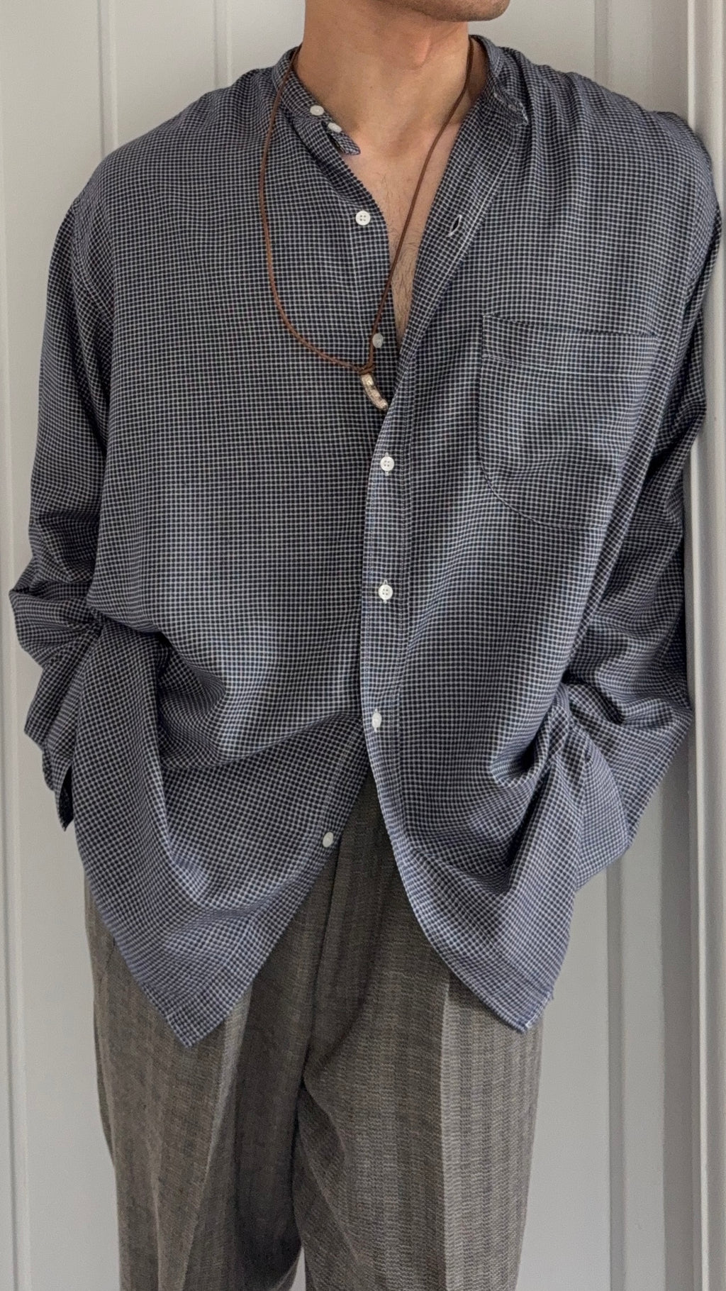 Emporio Armani 1980s Nehru Collar Relaxed Fit Check Shirt - Size L