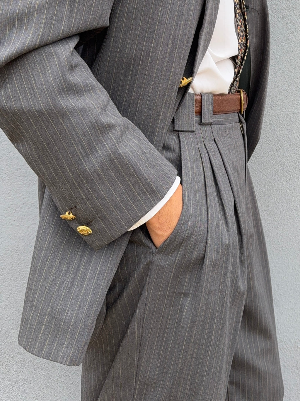 Versace 1980s Peaked Lapel Double Breasted Medusa Metal Button Triple Pleat Striped Wool Suit - Size S Jacket / 30" Waist