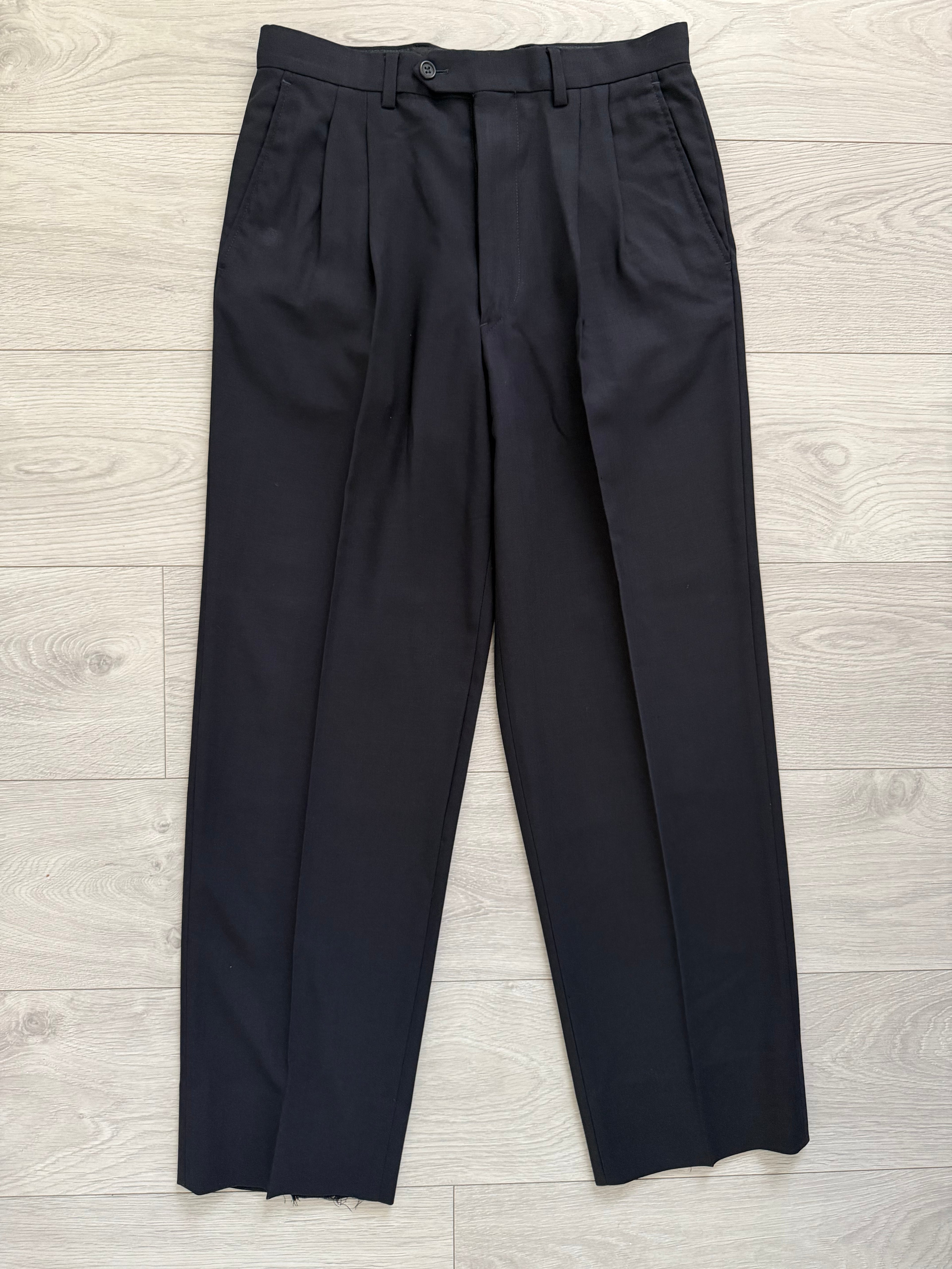 Giorgio Armani 1980s Peaked Lapel Double Breasted Wool Navy Suit - Size M Jacket / 30" Waist