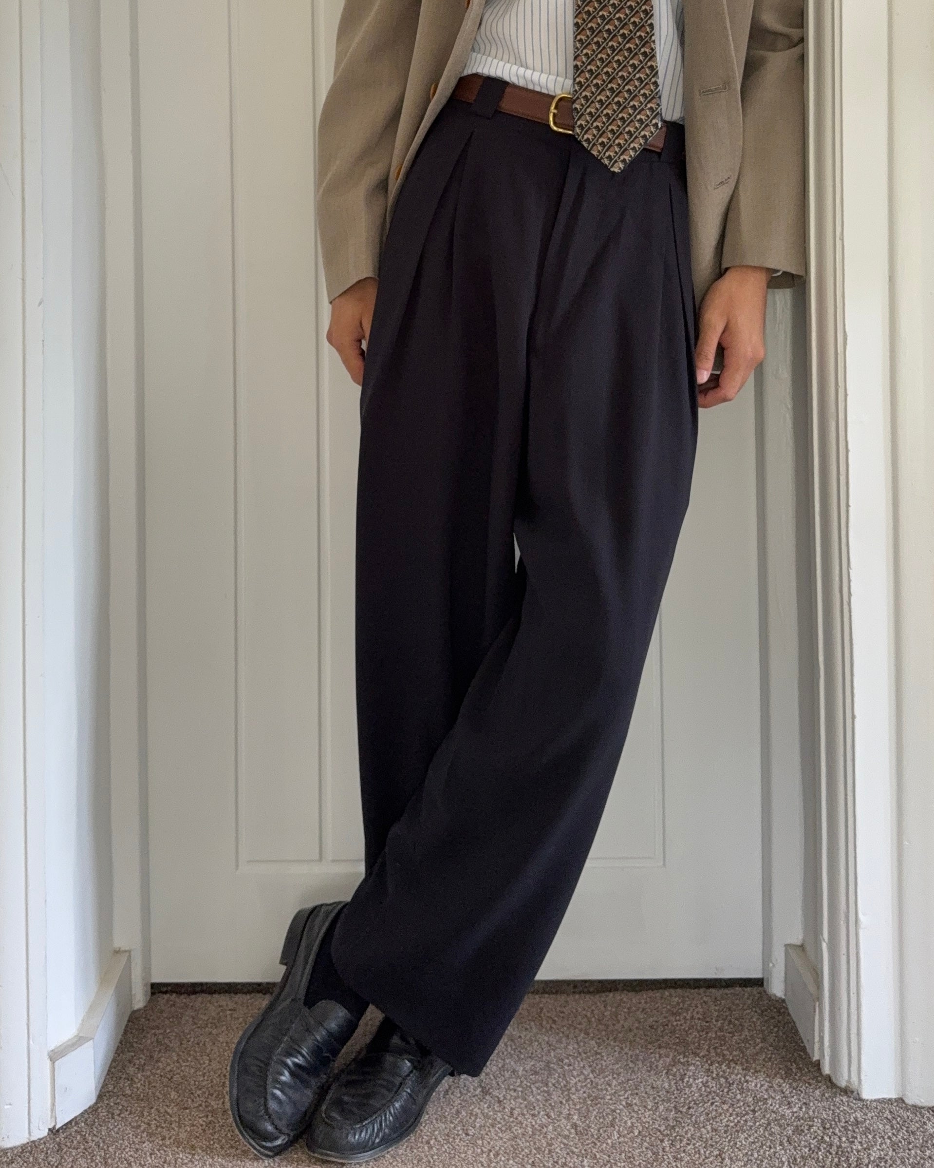 Giorgio Armani 1980s Double Pleat Draped Wool Navy Pants - Size 34" Waist