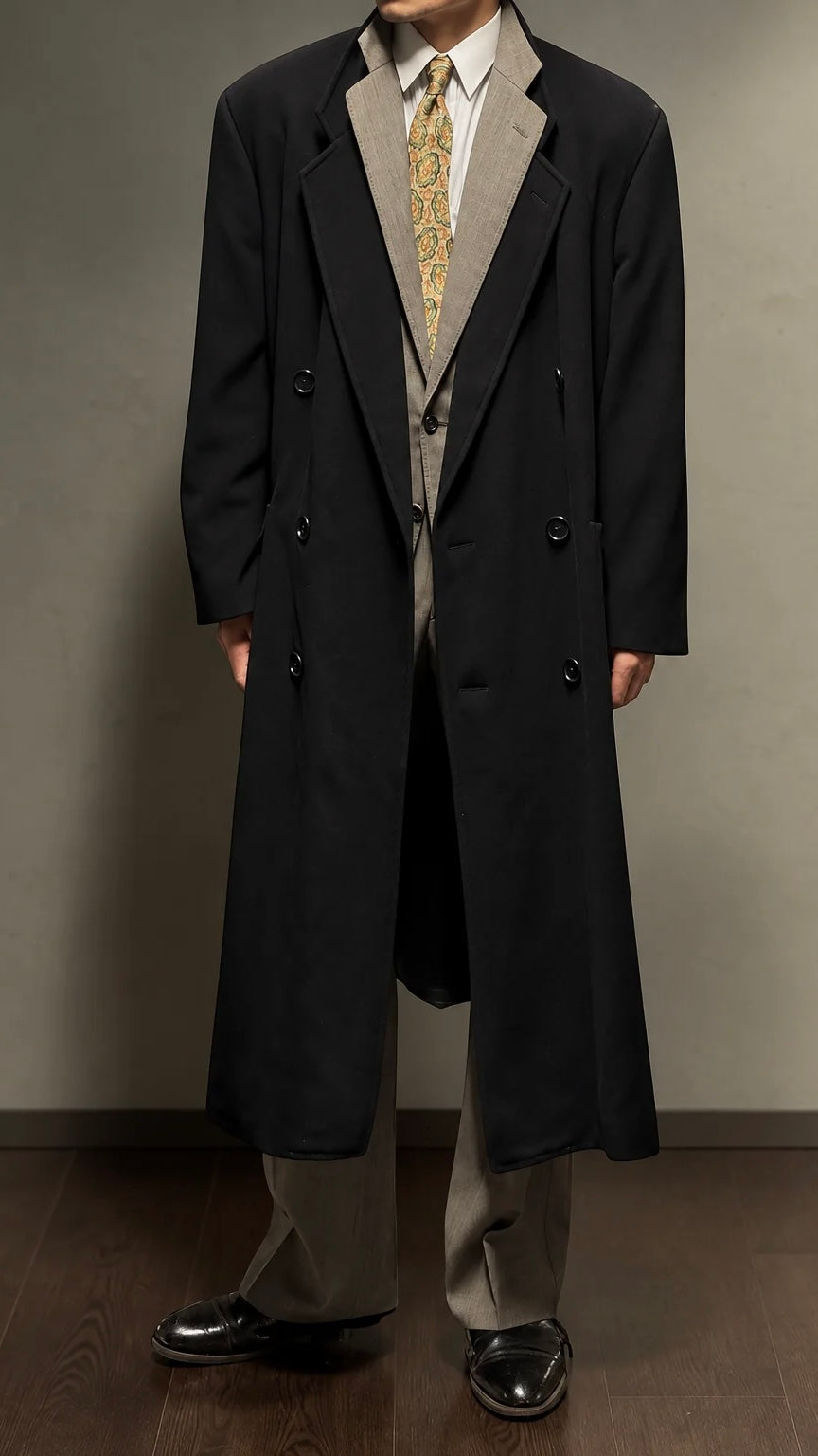 Giorgio Armani 1980s Wool Double Breasted Oversized Black Long Coat - Size XL