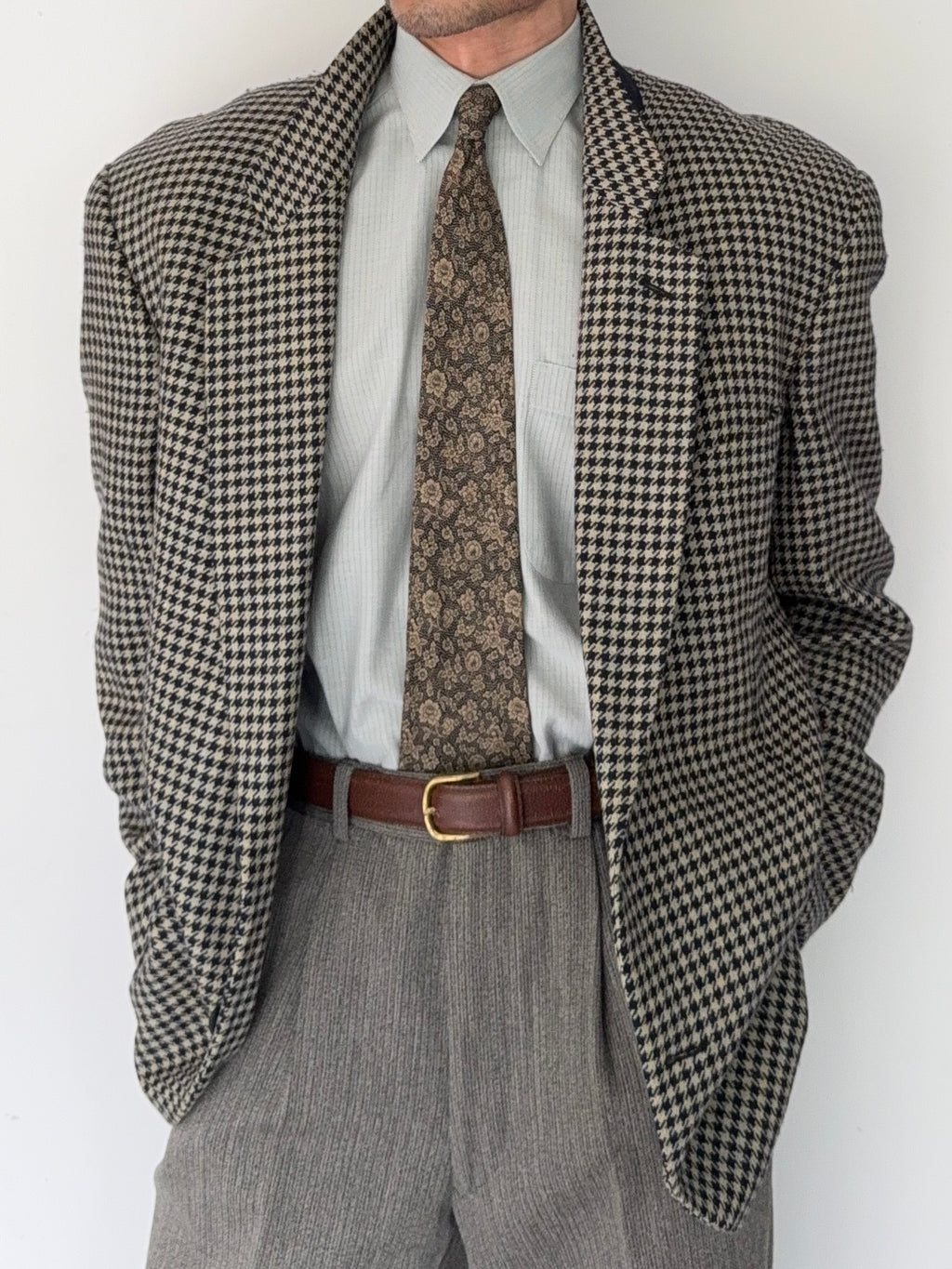 Giorgio Armani 1980s Houndstooth Textured Wool Check Sports Jacket Blazer - Size XL