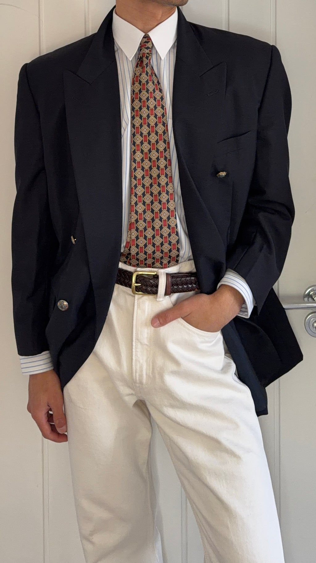 Dior 1980s Metal Button Unlined Double Breasted Wool Navy Sport Jacket Blazer - Size XL