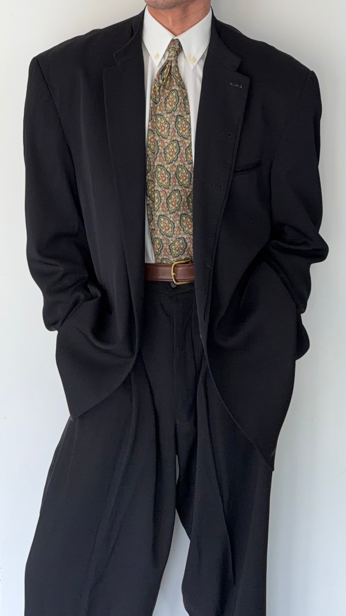 Giorgio Armani Black Label Mainline 1990s Nehru Collar Draped Wool Pleated Suit - Size XXL Jacket / 38" Waist