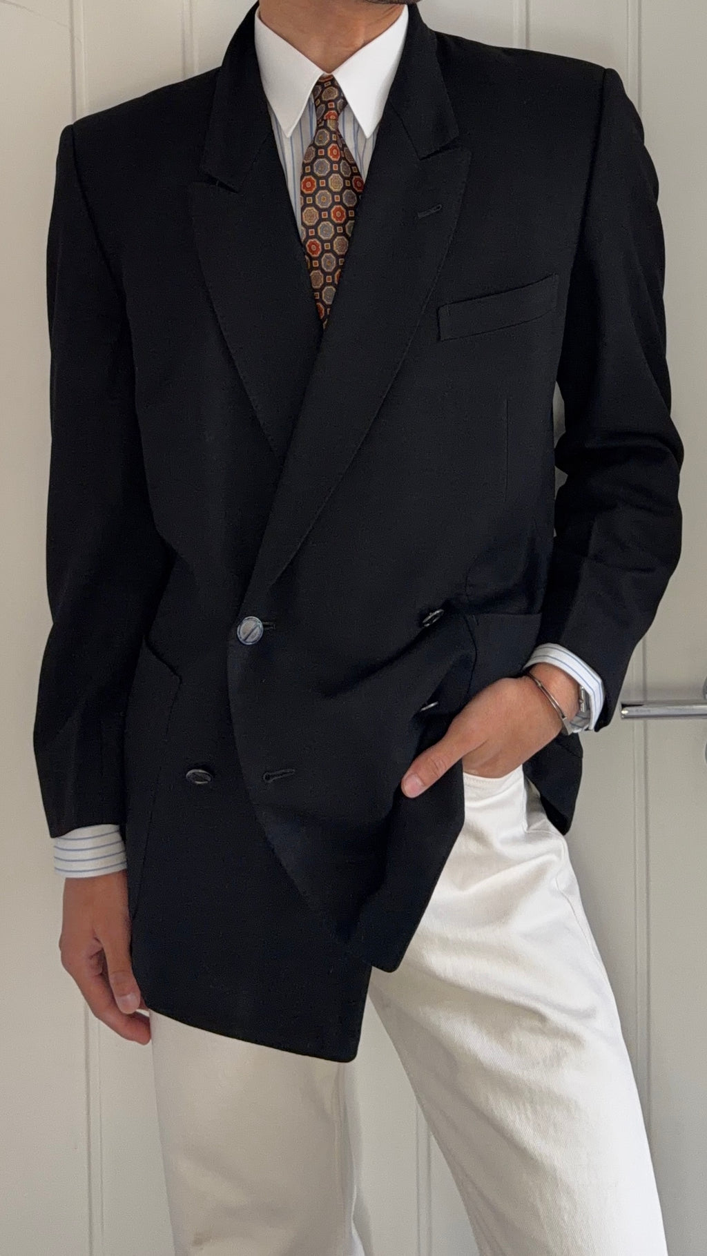 Dior 1980s Peaked Lapel Double Breasted Metal Button Black Wool Sport Jacket Blazer - Size M