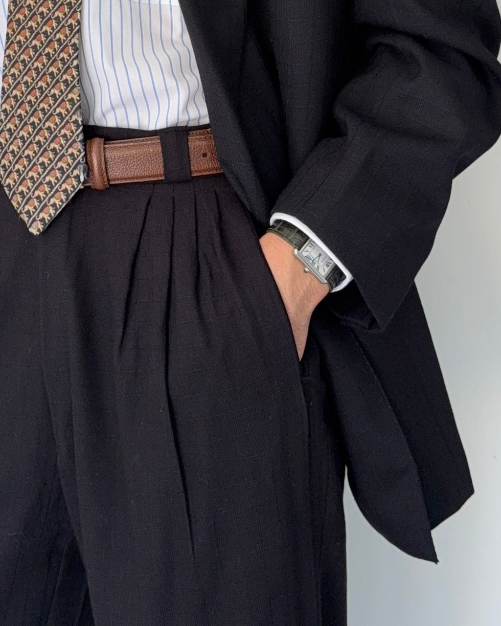 Versace 1980s Notch Lapel Double Breasted Wool Pleated Black Textured Suit - Size M Jacket / 30" Waist