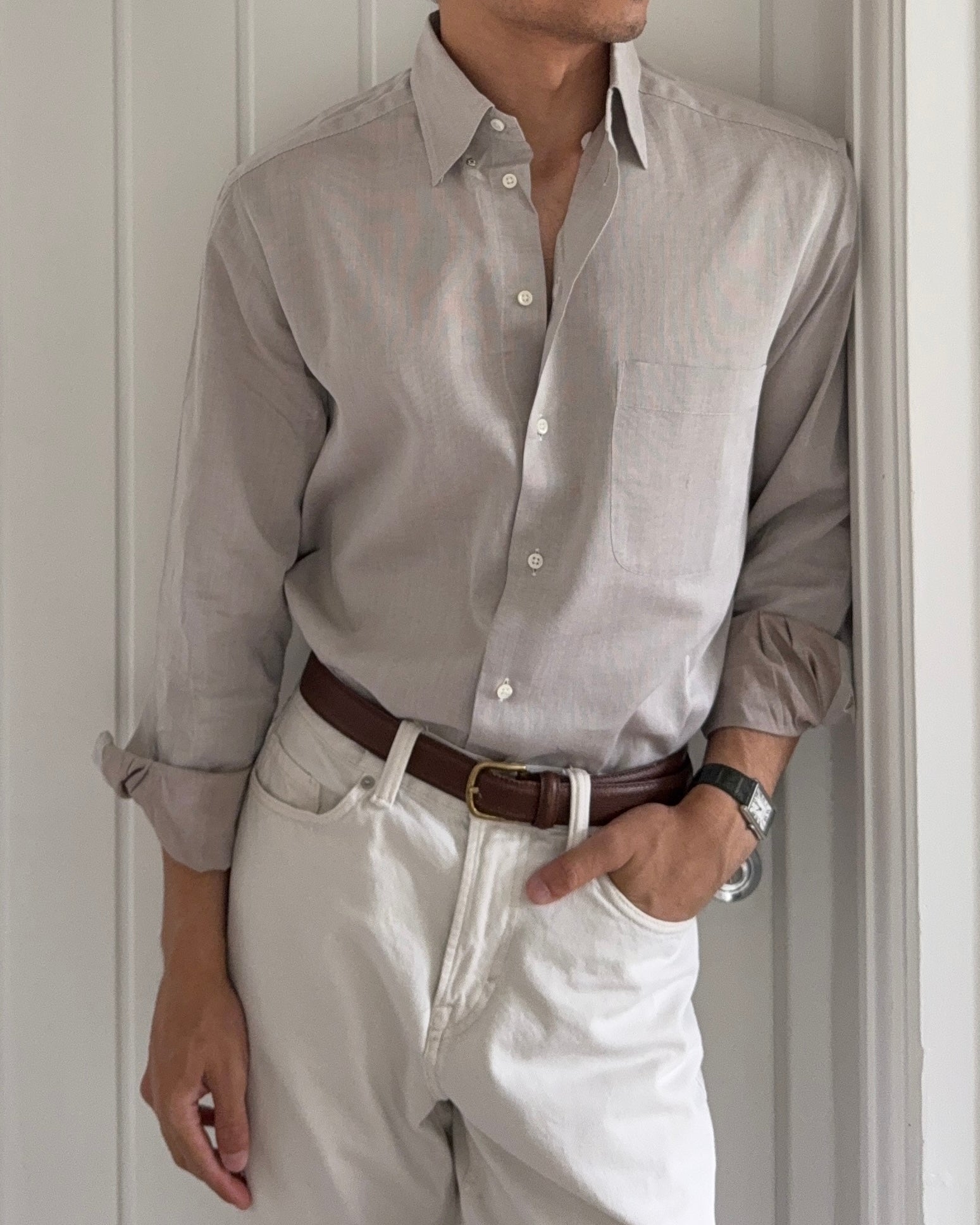 Armani 1990s Taupe Beige Cotton Shirt - Size M