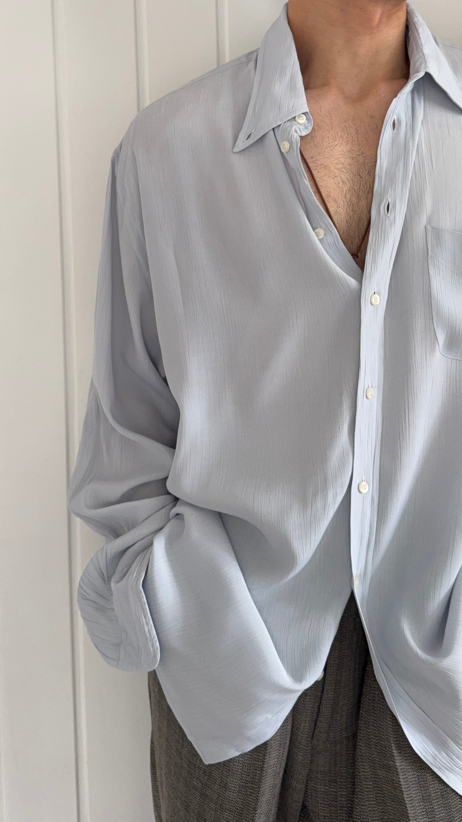 Giorgio Armani 1980s Chiffon Pleated Relaxed Blue Shirt - Size XL