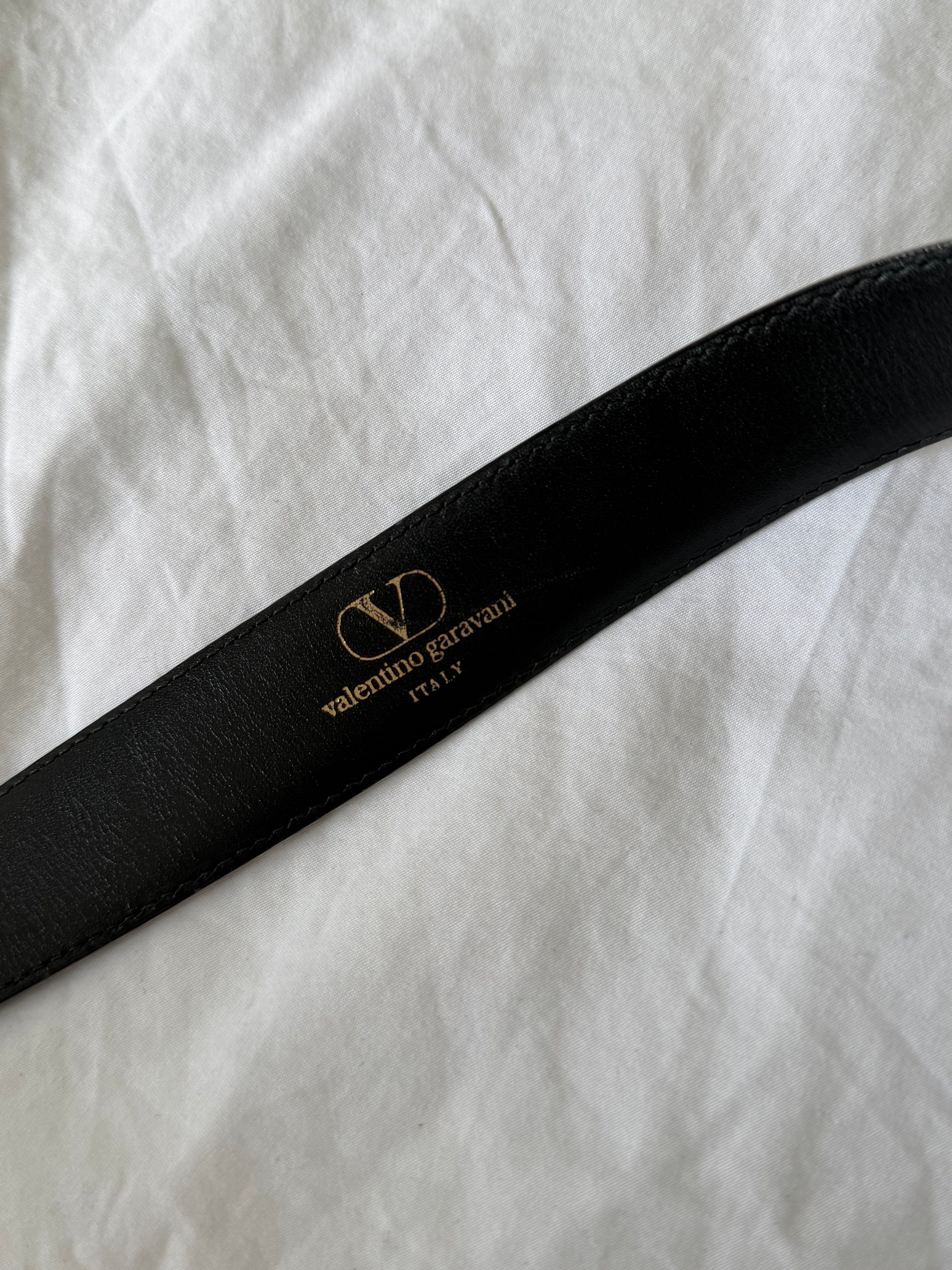 Valentino 1980s Gold Buckle Black Leather Belt - Size 30" to 34" Waist