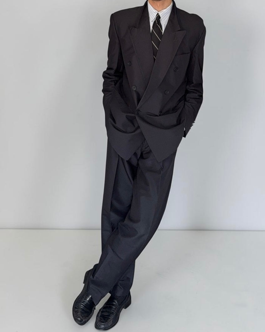 Hugo Boss 1980s 'Tango' Double Breasted Peaked Lapel Silk Suit - Size XL Jacket / 35" Waist