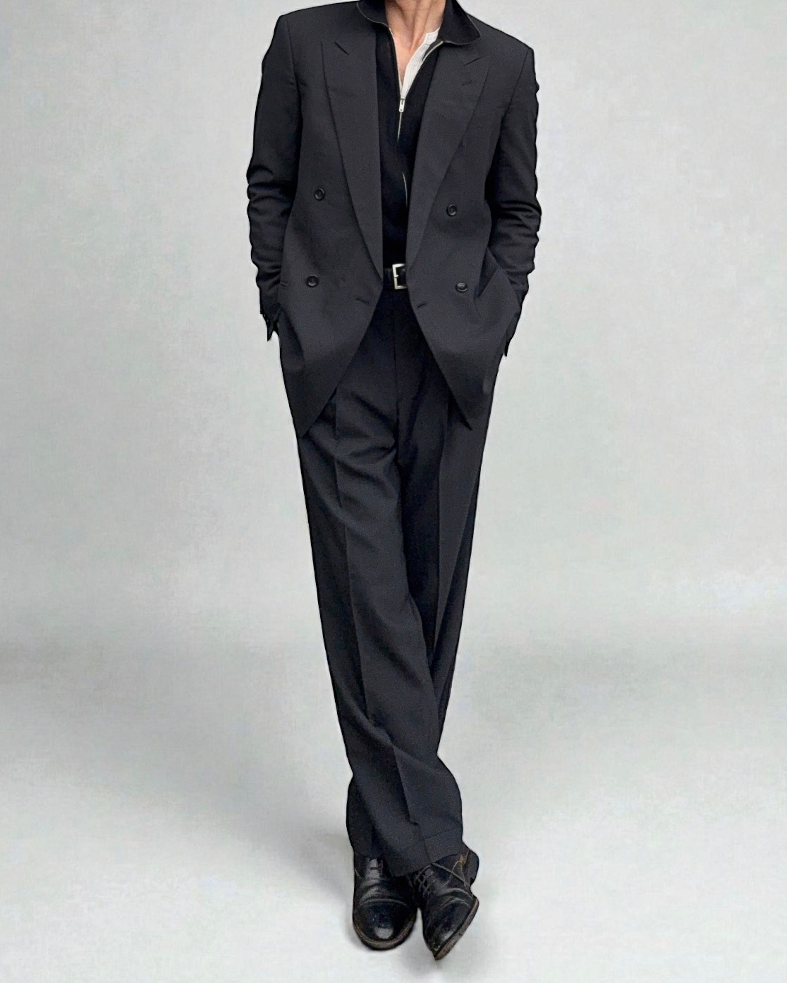 Armani 1990s Double Breasted Grey Striped Pleated Suit - Size M Jacket / 32" Waist