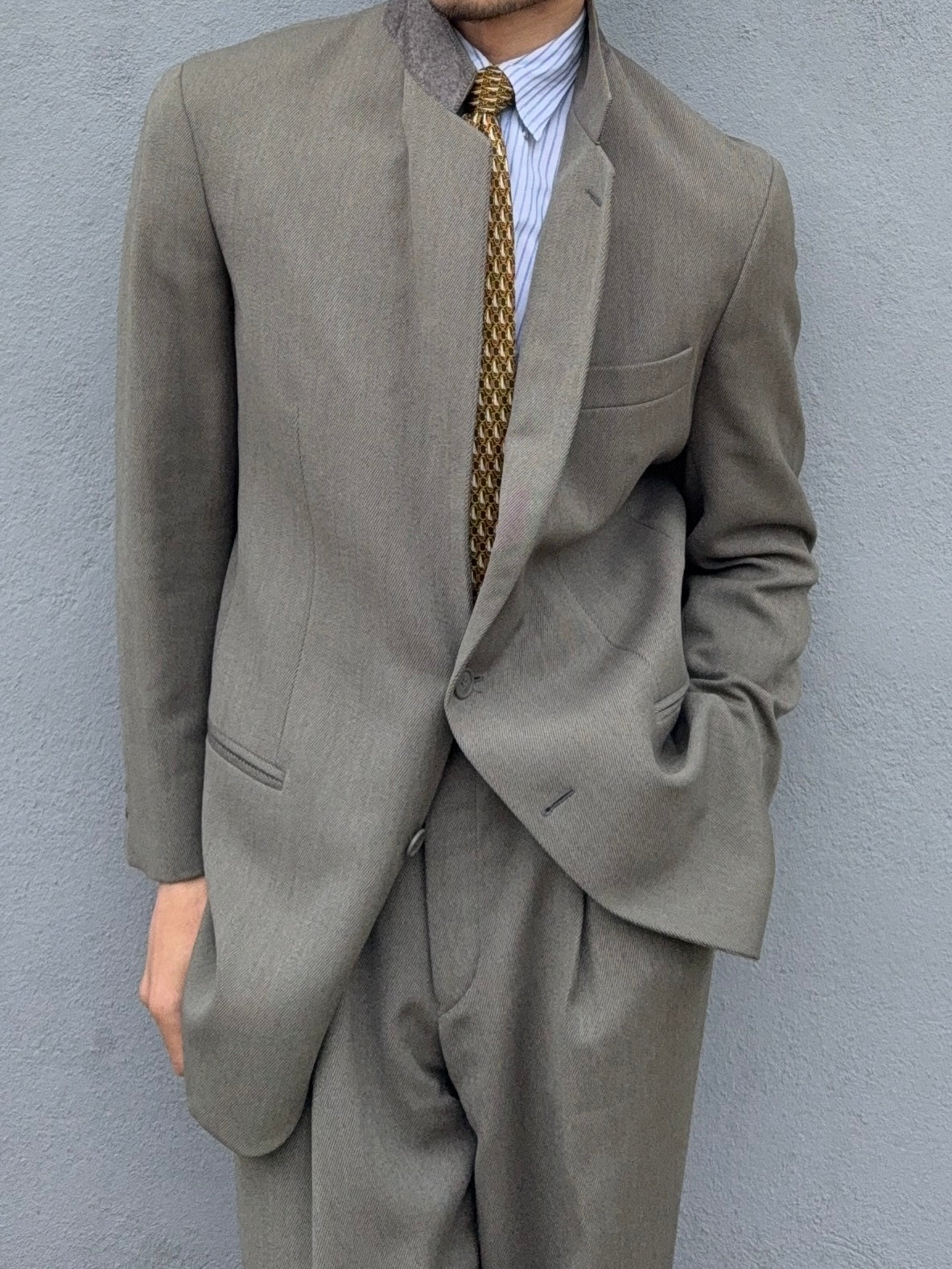 Emporio Armani 1980s 2B Olive Grey High Waisted Pleated Wool Suit - Size M Jacket / 30" Waist