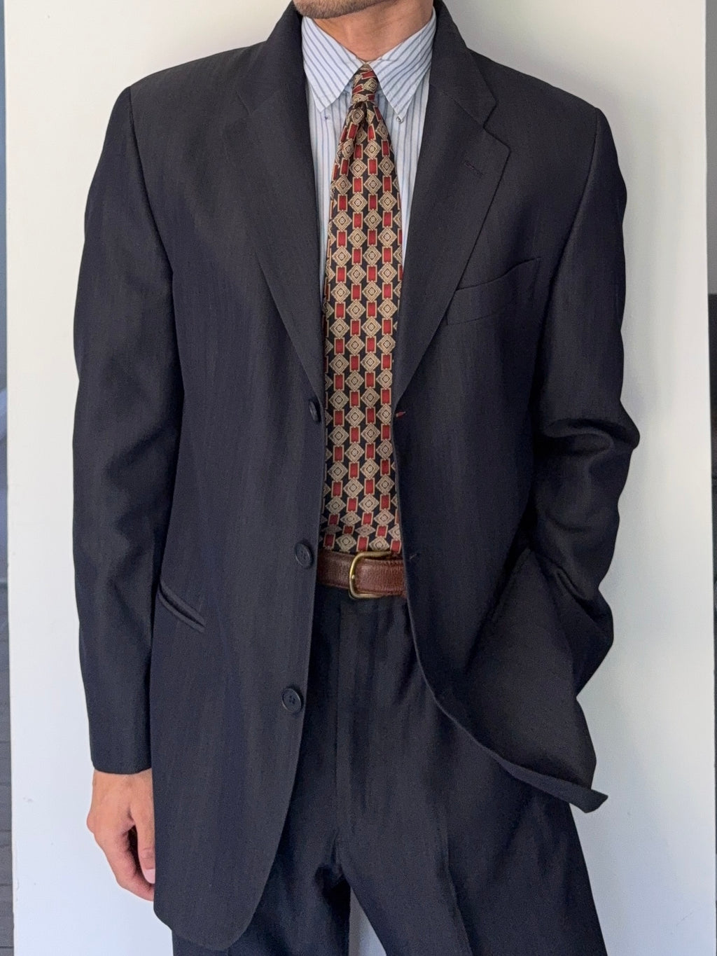 Emporio Armani 1990s 3B Wool Blend Draped Heathered Blue Suit - Size M Jacket / 32" Waist