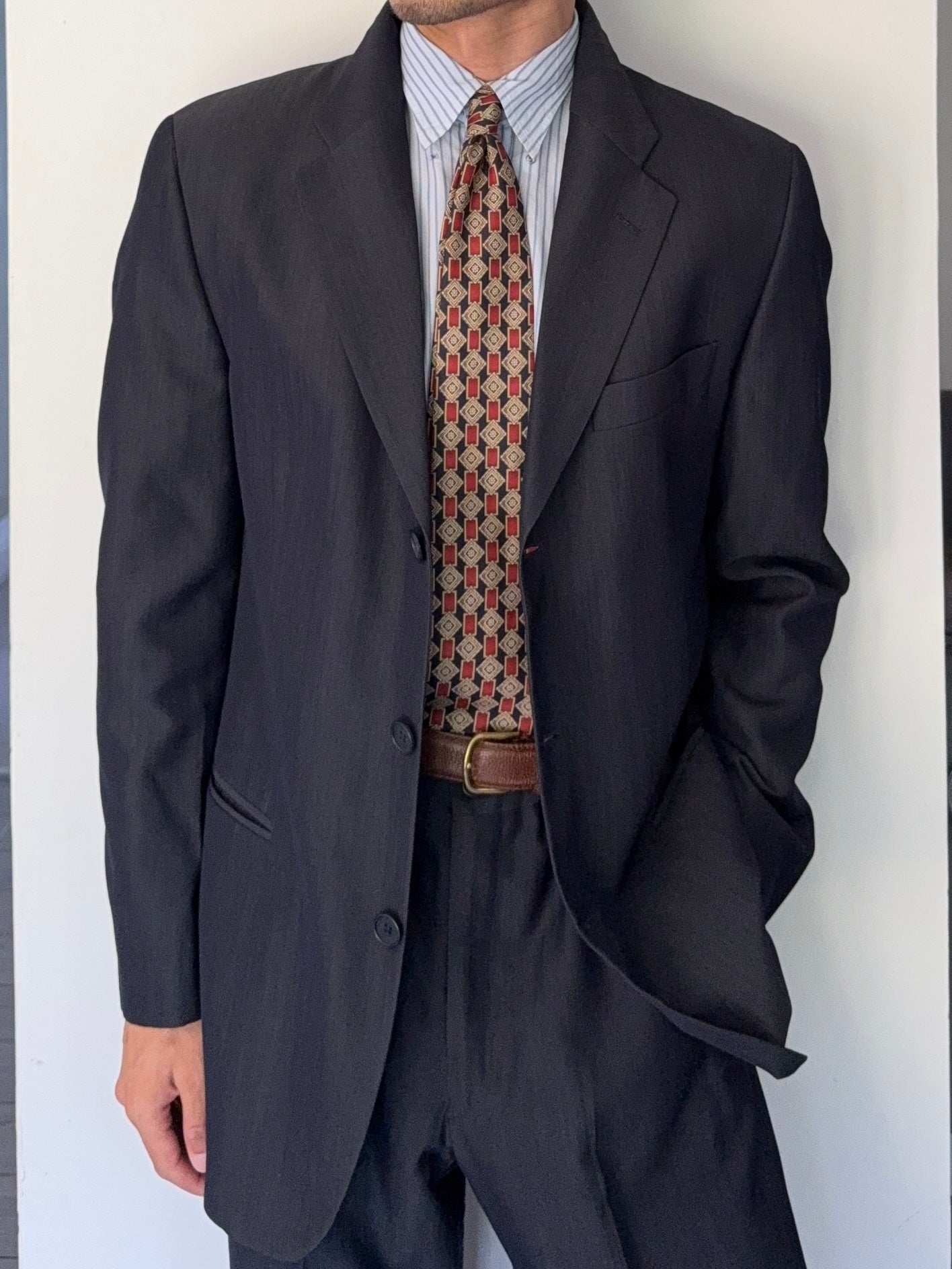 Emporio Armani 1990s 3B Wool Blend Draped Heathered Blue Suit - Size M Jacket / 32" Waist