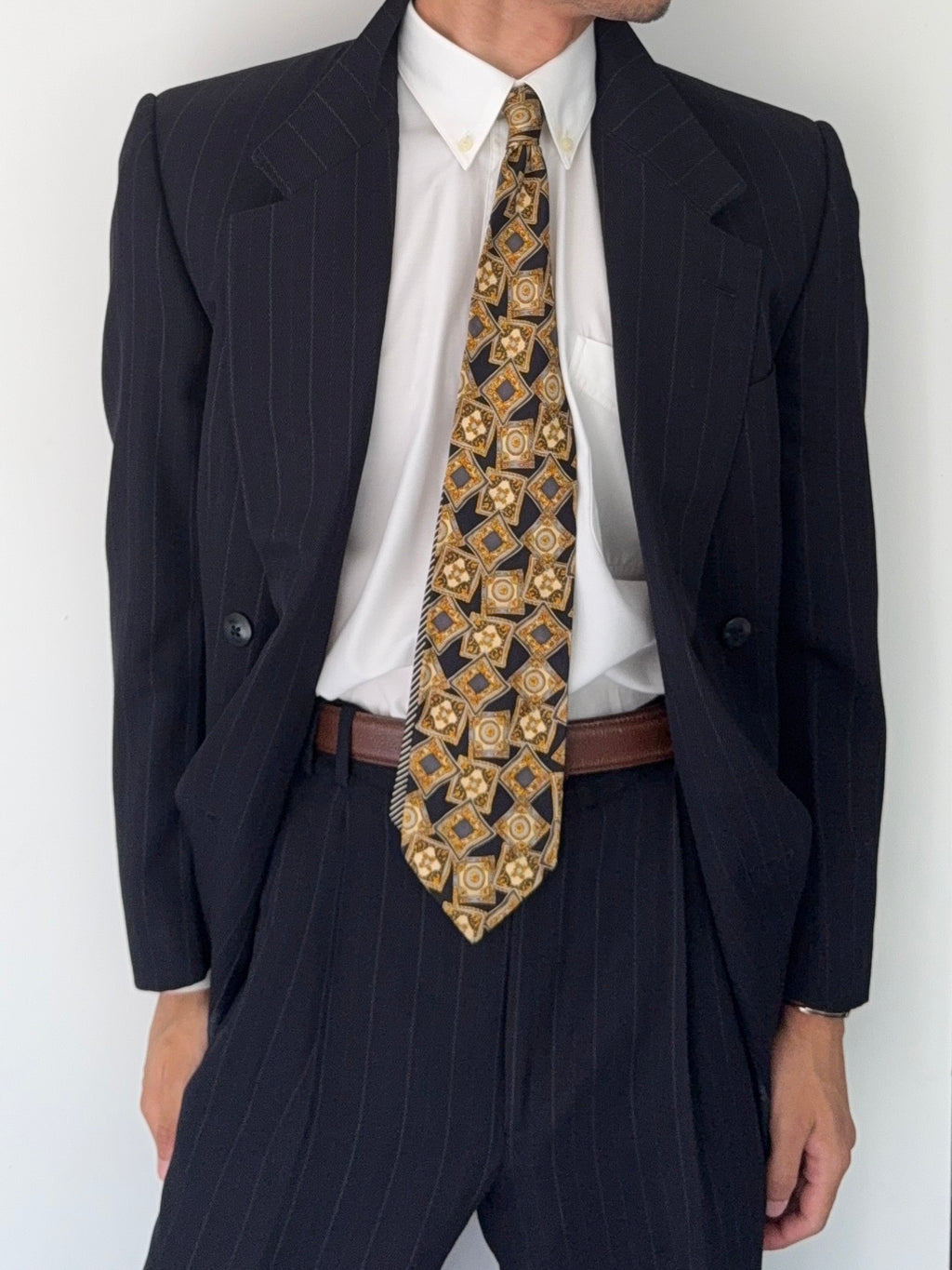 Versace 1980s Notch Lapel Double Breasted Pleated Wool Striped Suit - Size S Jacket / 32" Waist