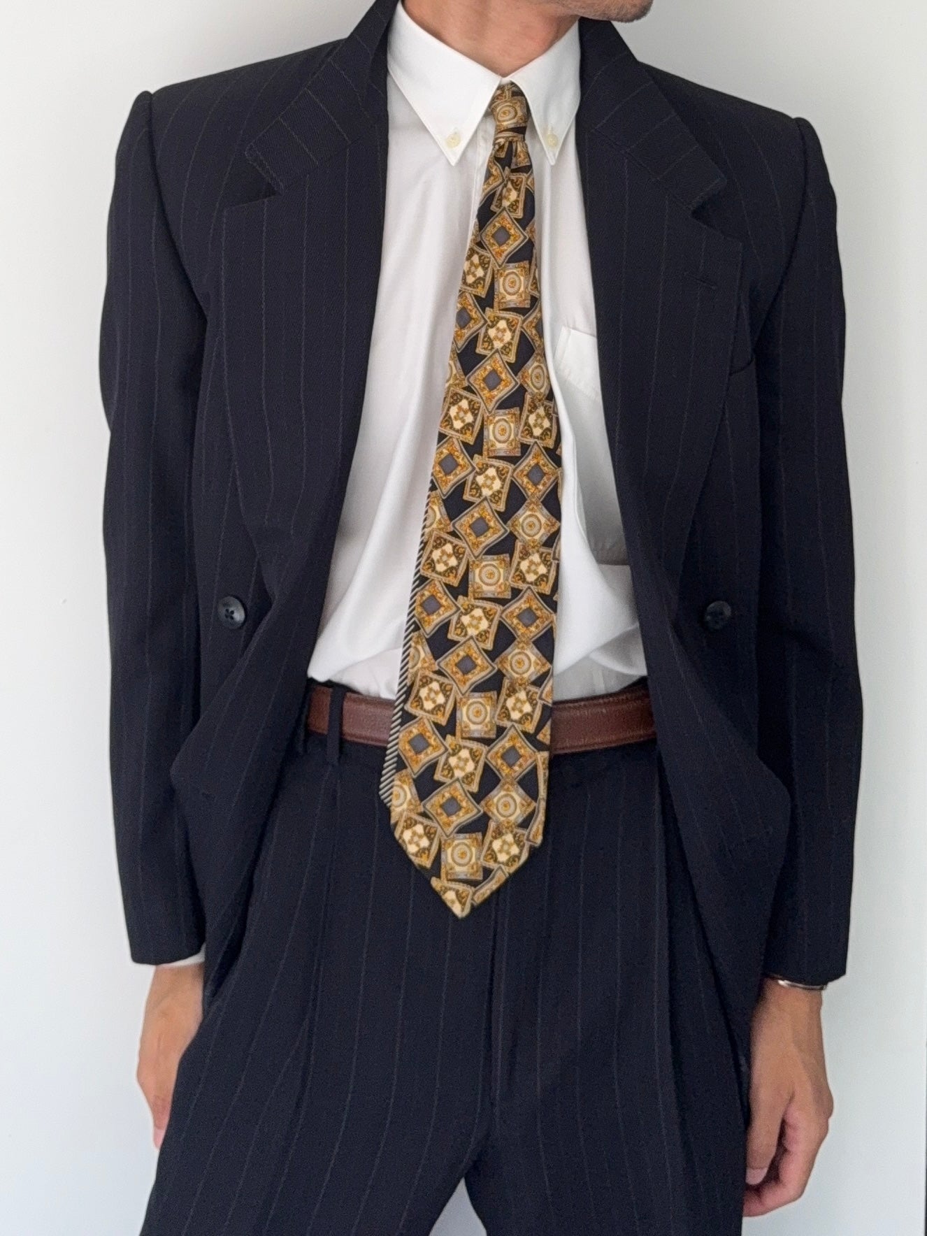 Versace 1980s Notch Lapel Double Breasted Pleated Wool Striped Suit - Size S Jacket / 32" Waist