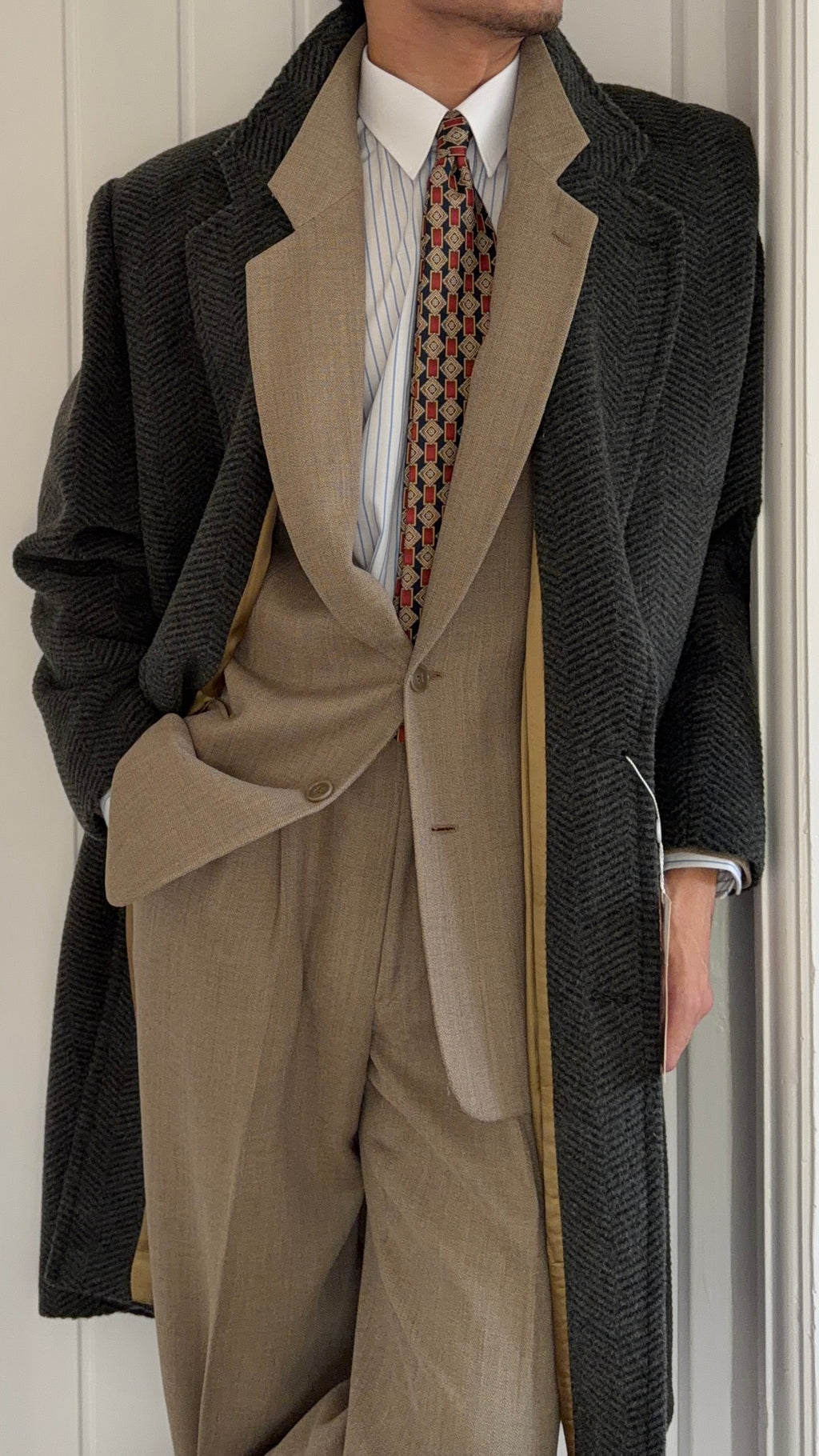 1980s Made in Italy Herringbone Wool Blend Coat Forest Green - Size M